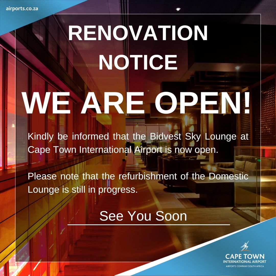Renovation Notice: WE ARE OPEN!

Kindly be informed that the <a href="/BidvestLounge/">Bidvest Premier Lounge</a> at Cape Town International Airport is now open.

Please note that the refurbishment of the Domestic Lounge is still in progress.