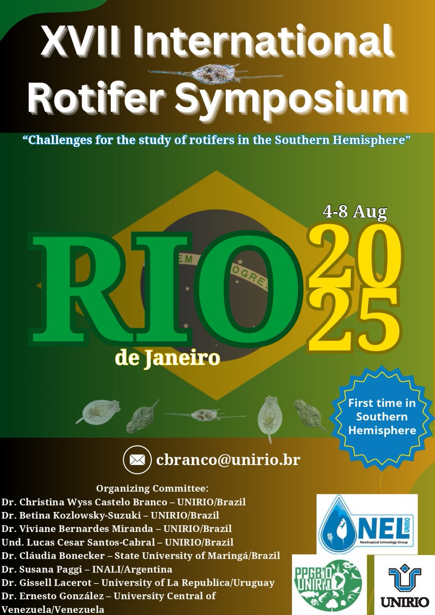 oikossokio's tweet photo. XVII International Rotifer Symposium, "Challenges for the study of rotifers in the Southern Hemisphere." August 04-08, 2025, in Rio de Janeiro, Brazil.  First time in our hemisphere...
@SIL_limnology @aslo_org @RLimnologia @RedELimnologia @AB_limno @AIL_limnologia @AusFreshwater https://t.co/iyY3ZgzOpG