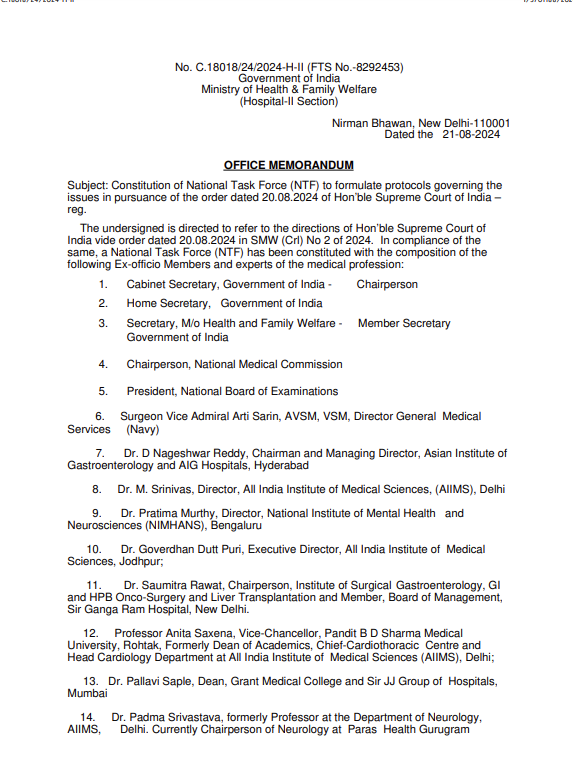 ANI's tweet image. Union Health Ministry issues Office Memorandum on National Task Force, formed by the Supreme Court for the Medical Professionals' safety