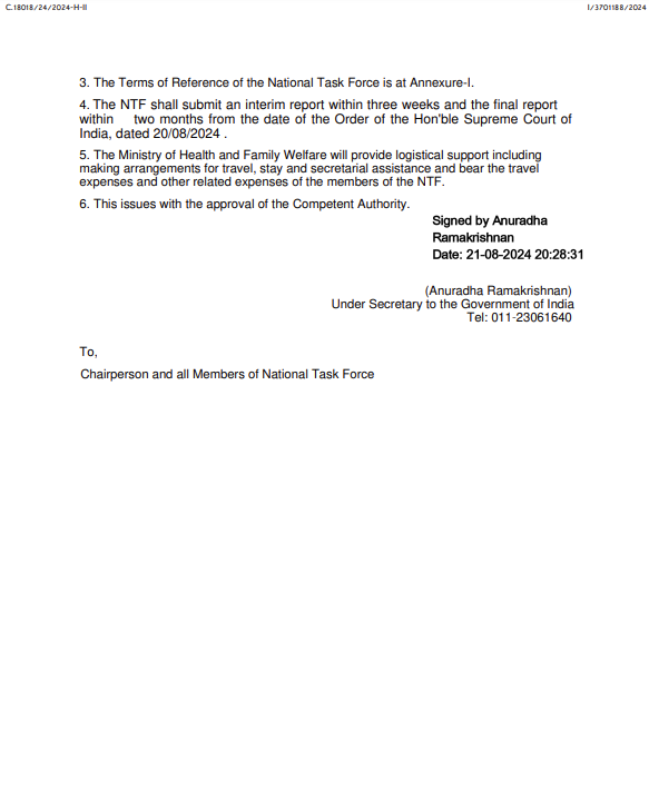 ANI's tweet image. Union Health Ministry issues Office Memorandum on National Task Force, formed by the Supreme Court for the Medical Professionals' safety