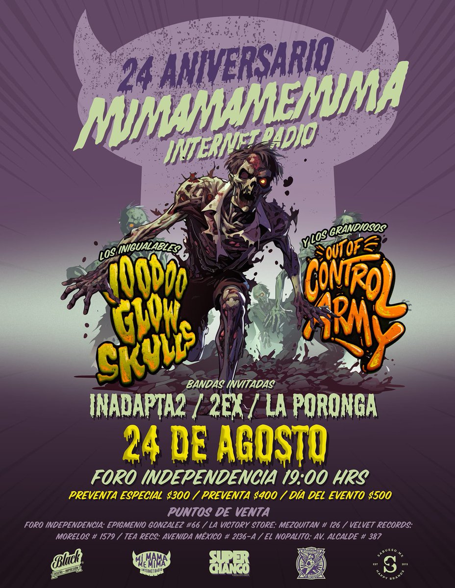 Pecadores, este sábado nuestros compitas de <a href="/mimamamemimagdl/">MiMamaMeMima</a> celebran 24 años resistiendo y difundiendo. Nos vemos el sábado 24 a las 7:00 PM en <a href="/foindependencia/">Foro Independencia</a>
Voodoo Glow Skulls, Out Of Control Army, Inadapta2, 2EX y La Poronga.
Larga Vida a la Radio Independiente!