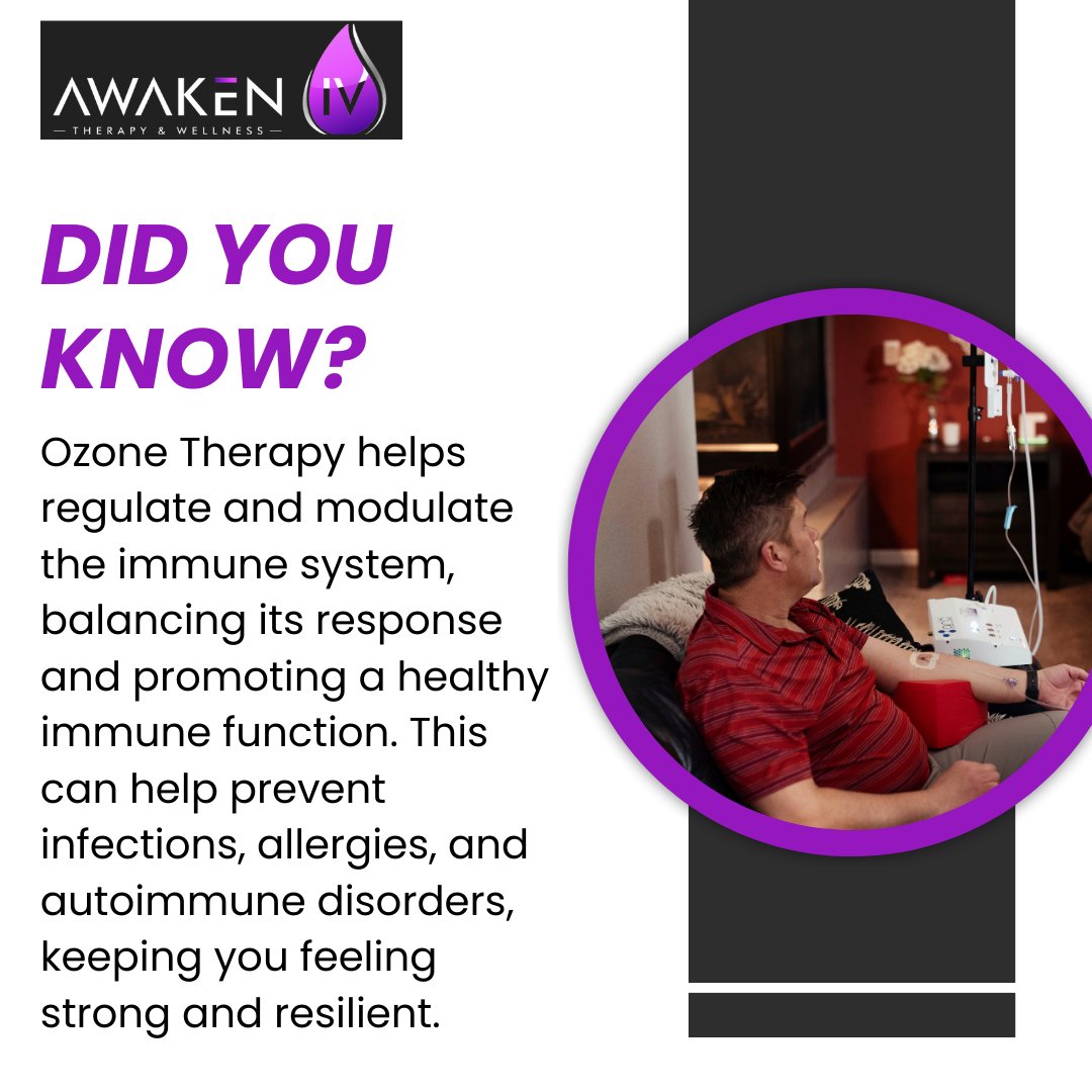 Awaken_IV's tweet photo. Ozone Therapy helps regulate and modulate the immune system, balancing its response and promoting a healthy immune function. This can help prevent infections, allergies, and autoimmune disorders, keeping you feeling strong and resilient.
#AwakenIV #IVTherapy #HolisticWellness https://t.co/MNi0REGYiq
