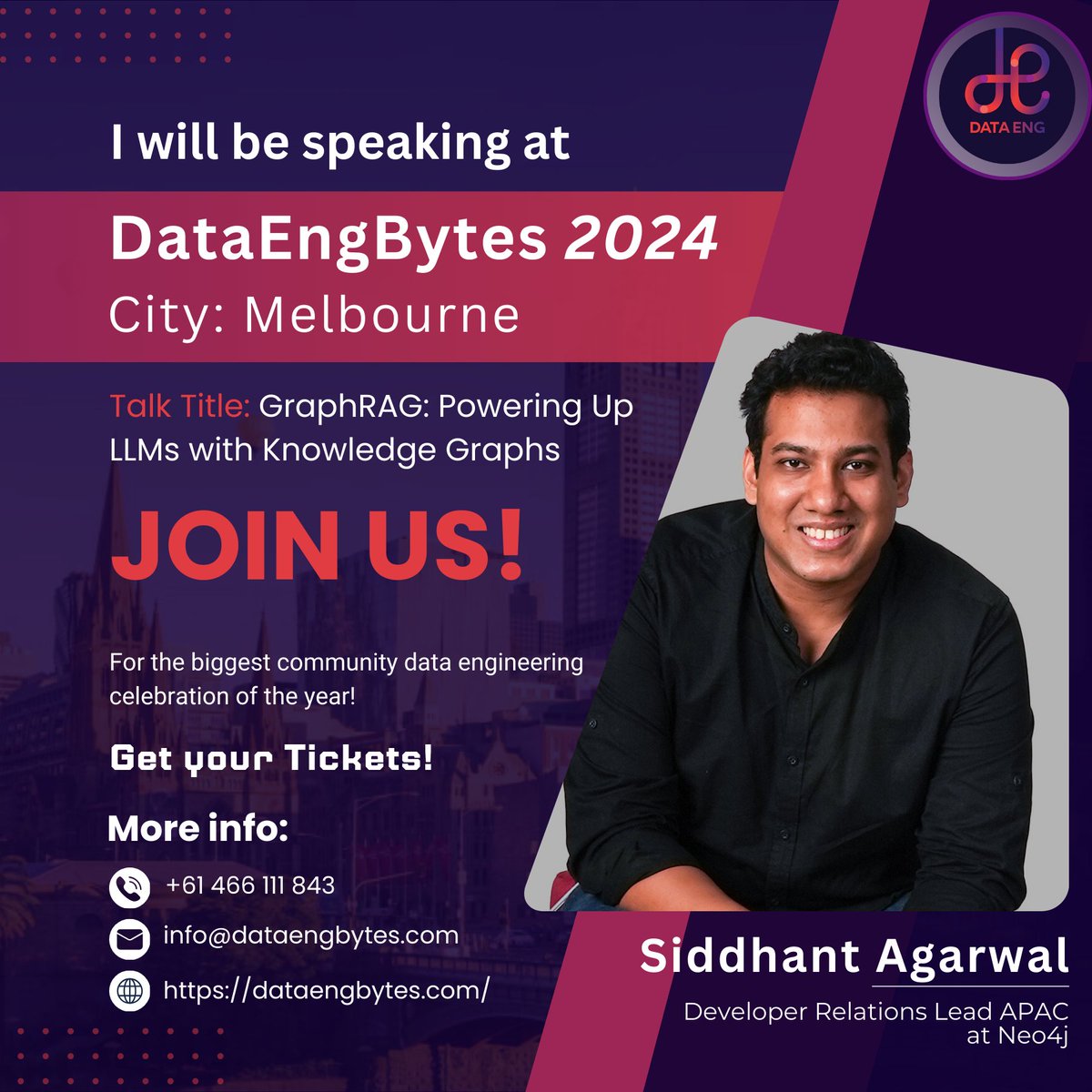sidagarwal04's tweet photo. 🎤 Back at it with another GraphRAG session! Catch me at @DataEngBytes 2024 in Melbourne on Oct 1st.

Let’s see how we can supercharge LLMs with knowledge graphs using @neo4j! 

#deb2024 #DataEngBytes2024 #GraphRAG #AI https://t.co/DBRvU87wy5