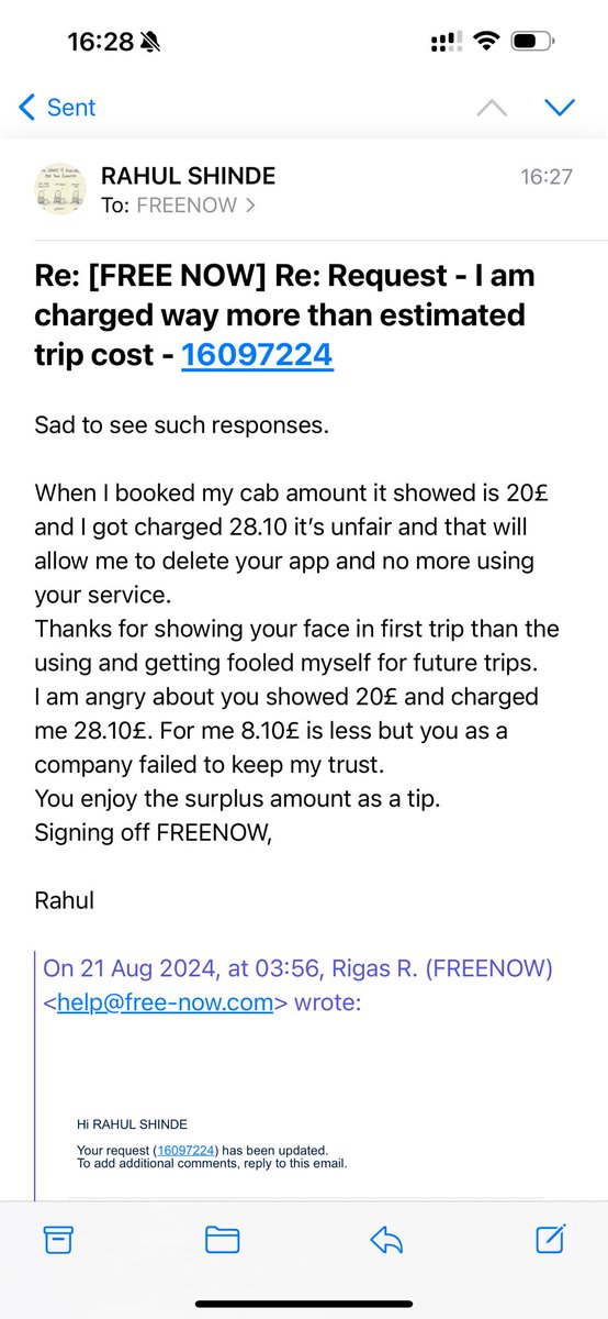 RahulShindeOffi's tweet photo. @FreeNow_UK is ultimate taxi booking app to get your self fooled and their customer support is clueless to know what they project amount while booking and actual charged amount.
My first trip will be last trip with FREENOW.
@FreeNow_UK. Deleting the app. Here is my final response https://t.co/PSJ5djUOpw