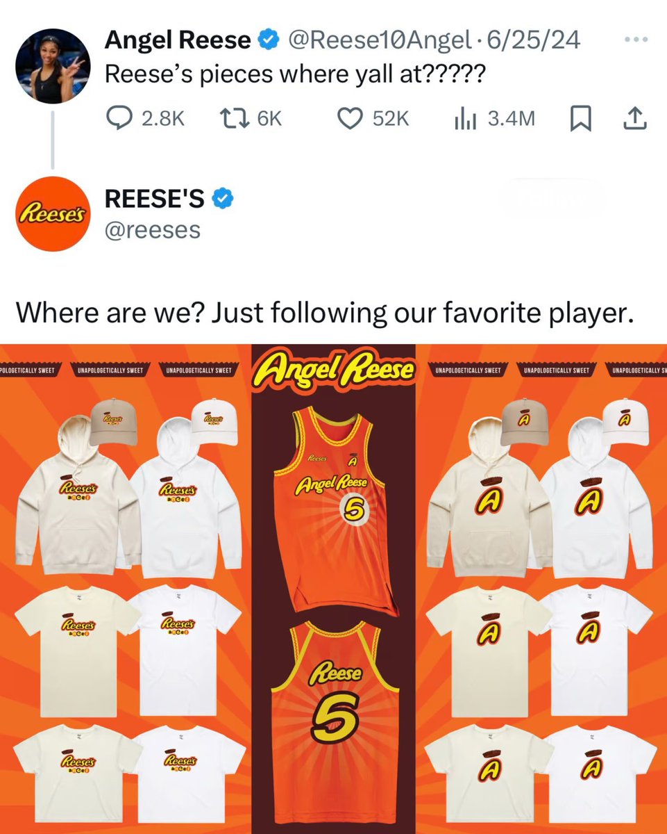 Angel Reese has signed a deal with Reese's and is launching apparel today 🔥

A June tweet at her fanbase, who named themselves “Reese’s pieces,” led to calls for the candy company to work with Angel and now it's official 🙌

(h/t <a href="/boardroom/">Boardroom</a>, via <a href="/reeses/">REESE'S</a>, <a href="/Reese10Angel/">Angel Reese</a>)