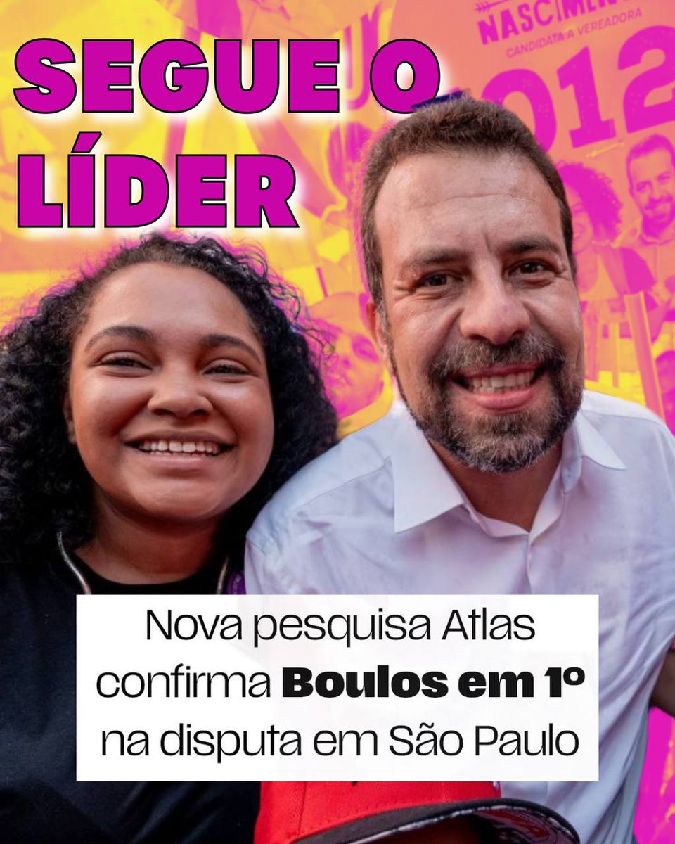 Às quartas seguimos o líder! 
Nosso candidato Guilherme Boulos segue na frente e lidera a disputa da prefeitura de São Paulo! 
É o povo chegando no poder e não tem volta!
Pra cima, Boulos! Faz o coração!
#BoulosPrefeito #VaiTerBoulos #BouloseSimone #Simone50123