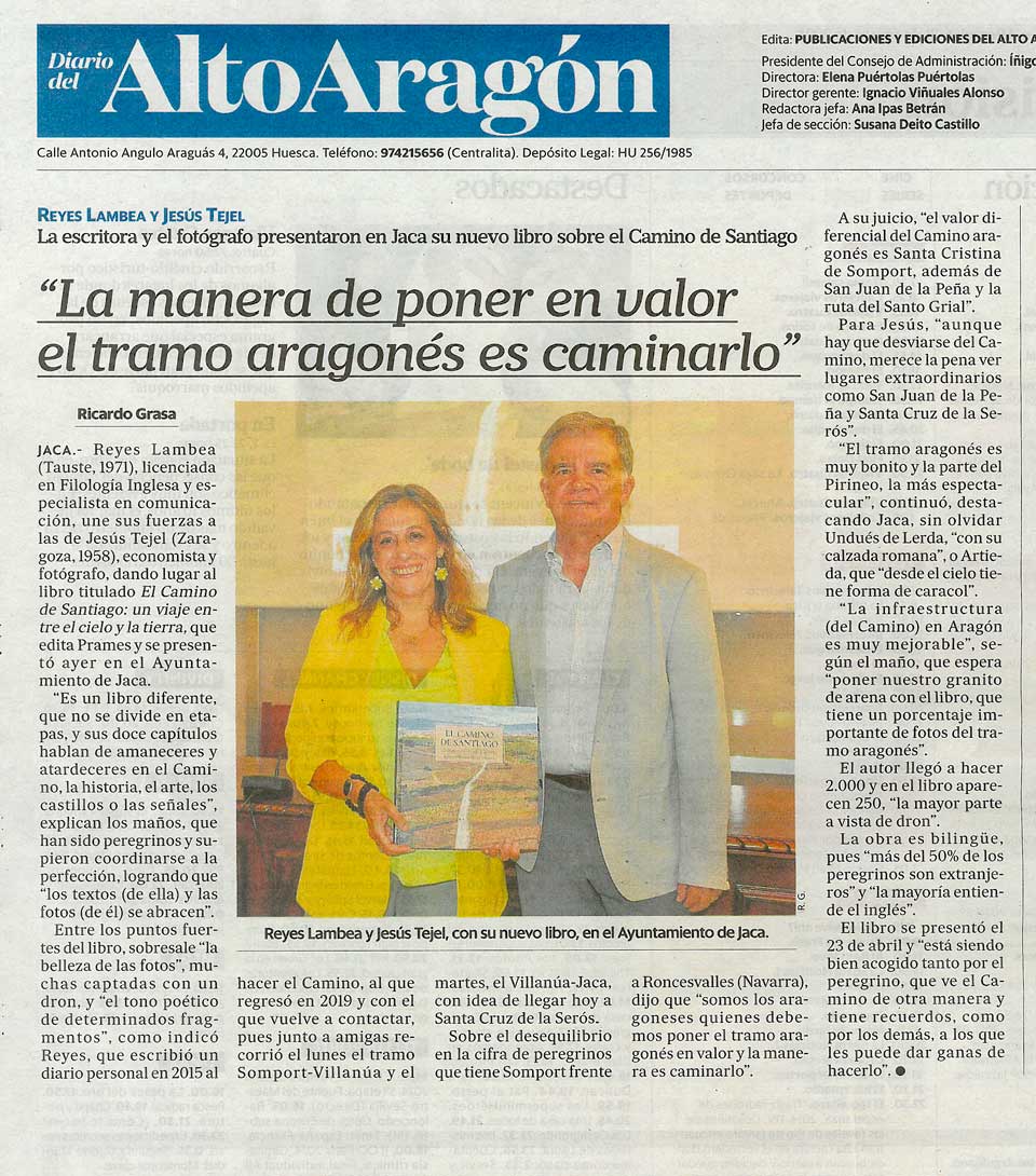 Entrevista de Ricardo Grasa en Diario del <a href="/altoaragon/">Diario del Altoaragón</a>  a los autores de 𝑬𝙇 𝘾𝑨𝙈𝑰𝙉𝑶 𝑫𝙀 𝙎𝑨𝙉𝑻𝙄𝑨𝙂𝑶, 𝒖𝙣 𝙫𝒊𝙖𝒋𝙚 𝙚𝒏𝙩𝒓𝙚 𝙚𝒍 𝒄𝙞𝒆𝙡𝒐 𝒚 𝒍𝙖 𝙩𝒊𝙚𝒓𝙧𝒂, <a href="/JesusTejel/">Jesús Tejel</a> y <a href="/reyeslambea/">Reyes Lambea</a> #CaminoDeSantiago un viaje #EntreElCieloYLaTierra