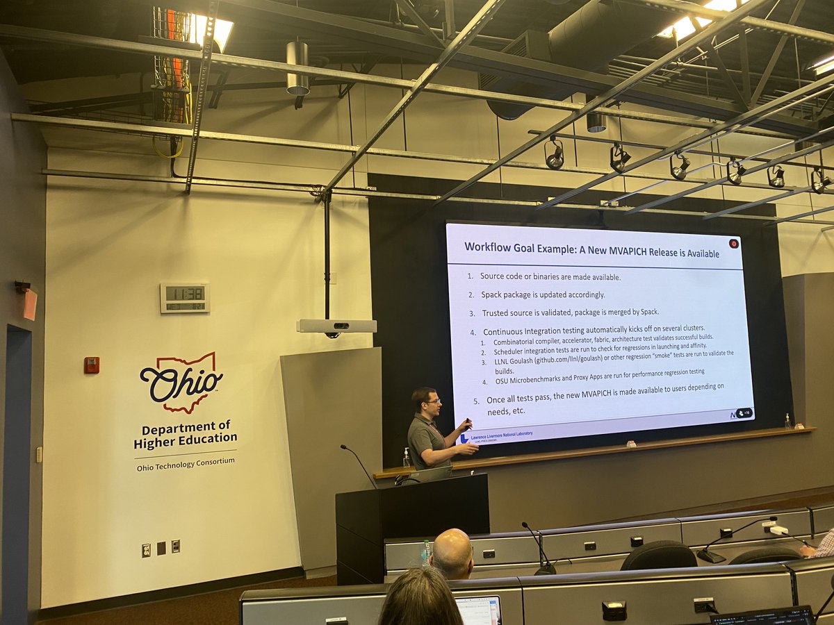 mvapich's tweet image. Dr. Nathan Hanford from @Livermore_Comp presenting how the @mvapich libraries get efficiently integrated into @spackpm at the #MUG24 event!! 
@OSUengineering @OhTechCo #spack #mvapich #hpc #software #softwaretesting #supercomputing #packagemanagement #ml #ai