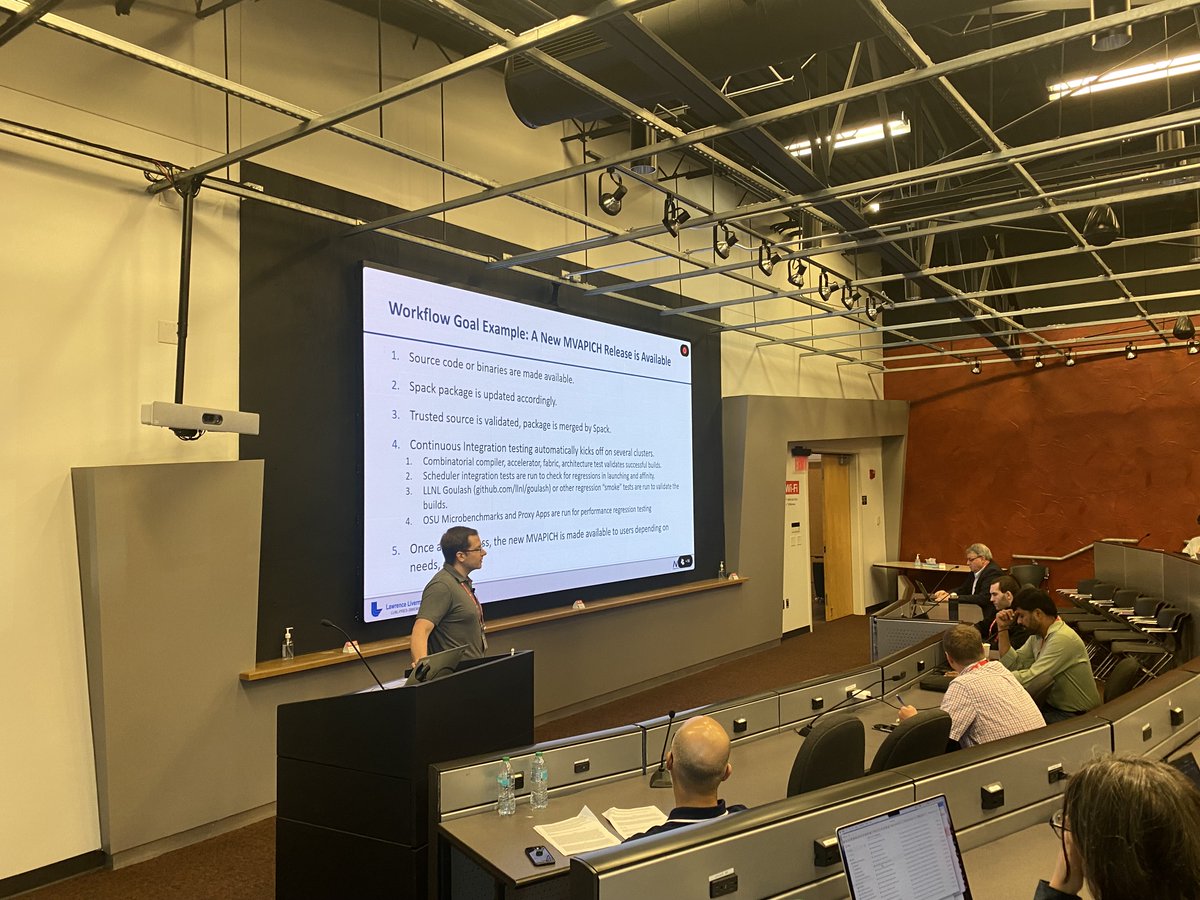 mvapich's tweet image. Dr. Nathan Hanford from @Livermore_Comp presenting how the @mvapich libraries get efficiently integrated into @spackpm at the #MUG24 event!! 
@OSUengineering @OhTechCo #spack #mvapich #hpc #software #softwaretesting #supercomputing #packagemanagement #ml #ai