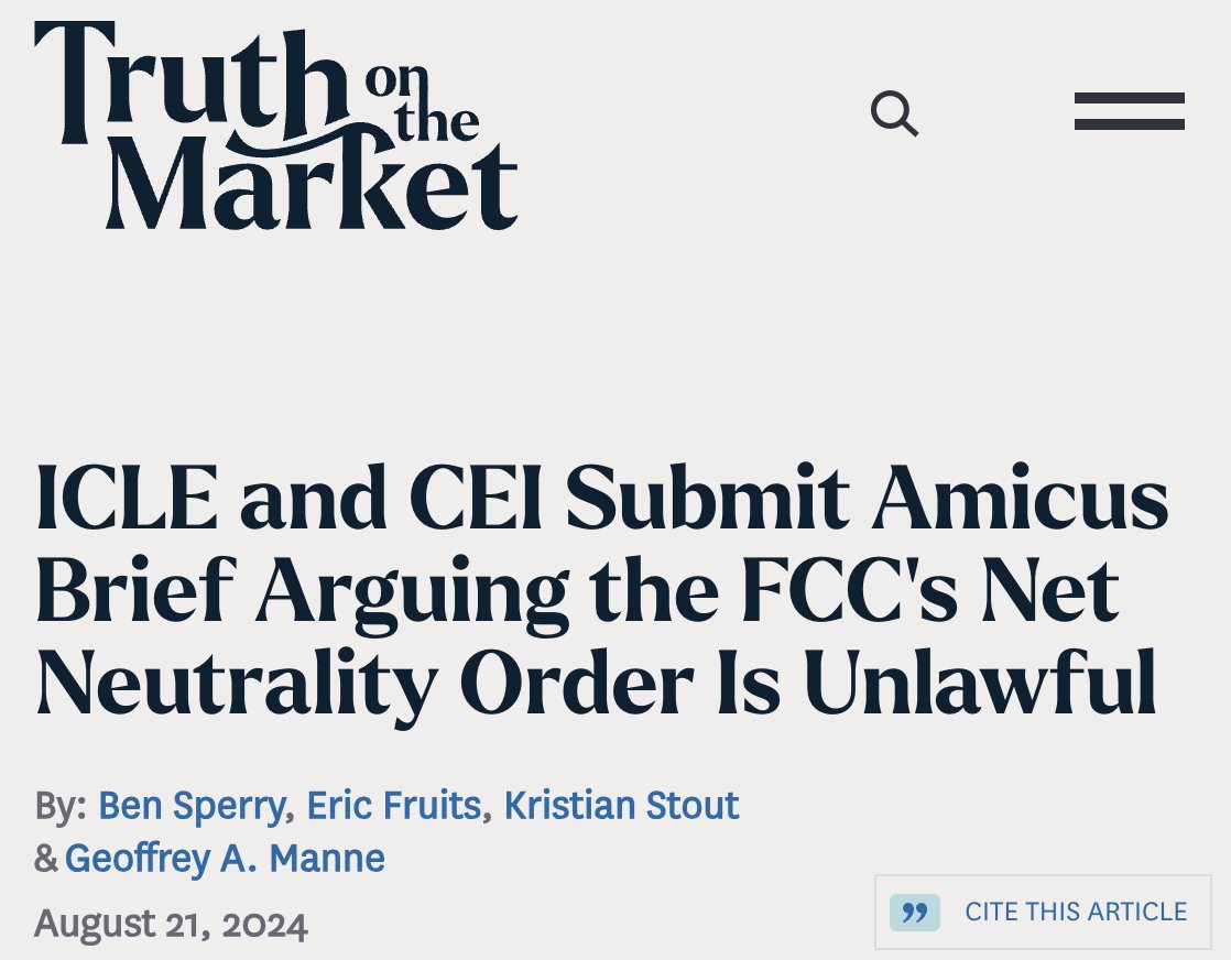 ericfruits's tweet image. This week, @LawEconCenter and @ceidotorg filed an amicus arguing the 6th Circuit should vacate the @FCC&apos;s latest effort to reclassify broadband under Title II in the name of #netneutrality. A 🧵... truthonthemarket.com/2024/08/21/icl…