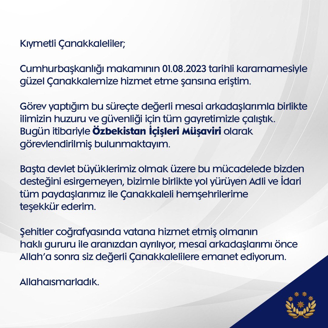 🌷

İl Emniyet Müdürümüz
Sn. Selim ARICI’nın veda mesajı. 

#ÇanakkaleyeVeda | <a href="/SelimArici17/">Selim ARICI</a>