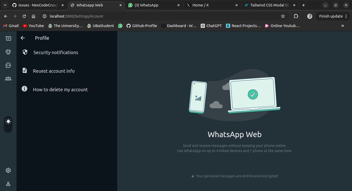 Update of the <a href="/WhatsApp/">WhatsApp</a> clone so far...Stay tuned for the results. It is slow but steady 😭😂 @JeanMofiro . #NextJS #typescript #fullstack