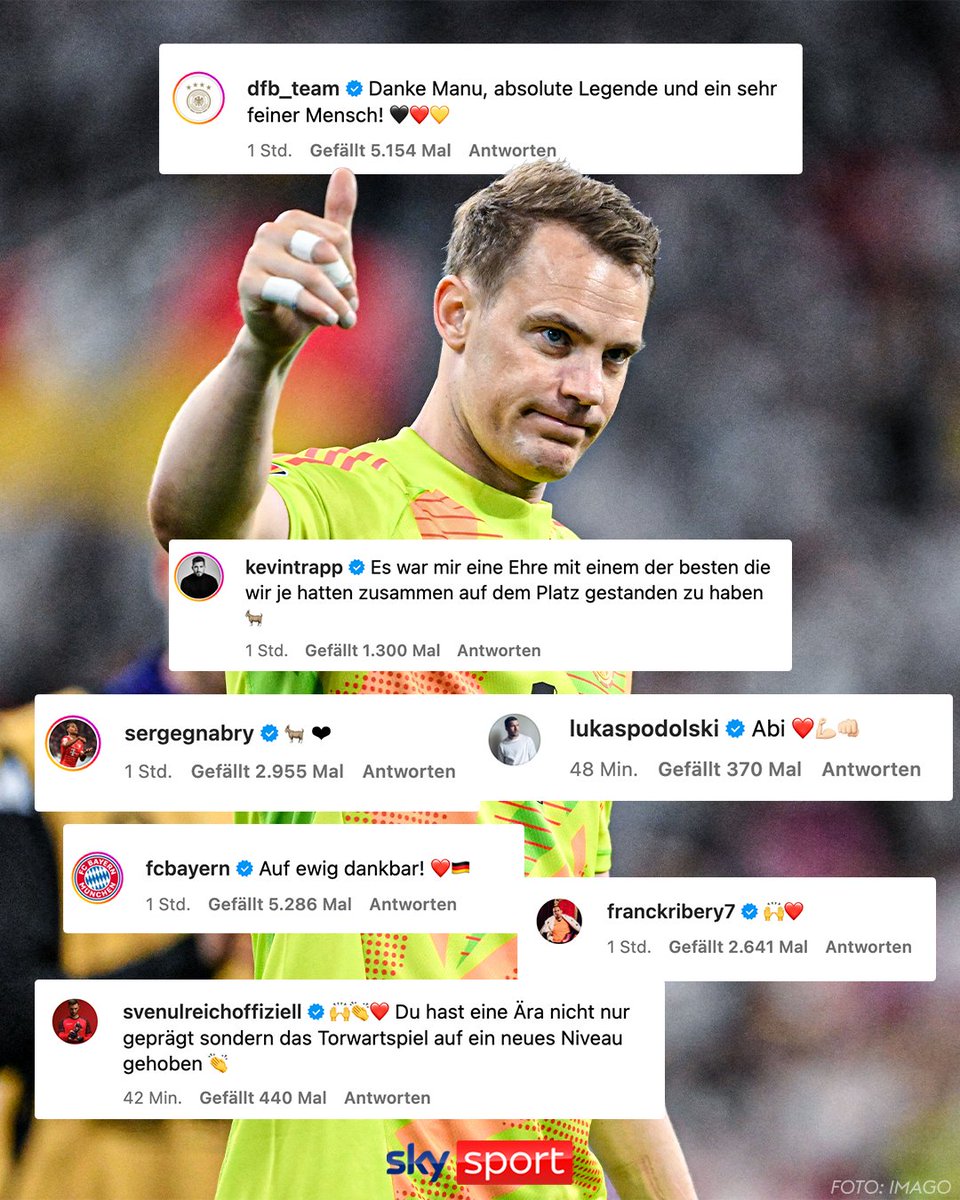SkySportDE's tweet photo. Die Sportwelt verabschiedet sich vom DFB-Keeper! 😢🇩🇪

#SkySport #Neuer https://t.co/6z2eY3DJPh