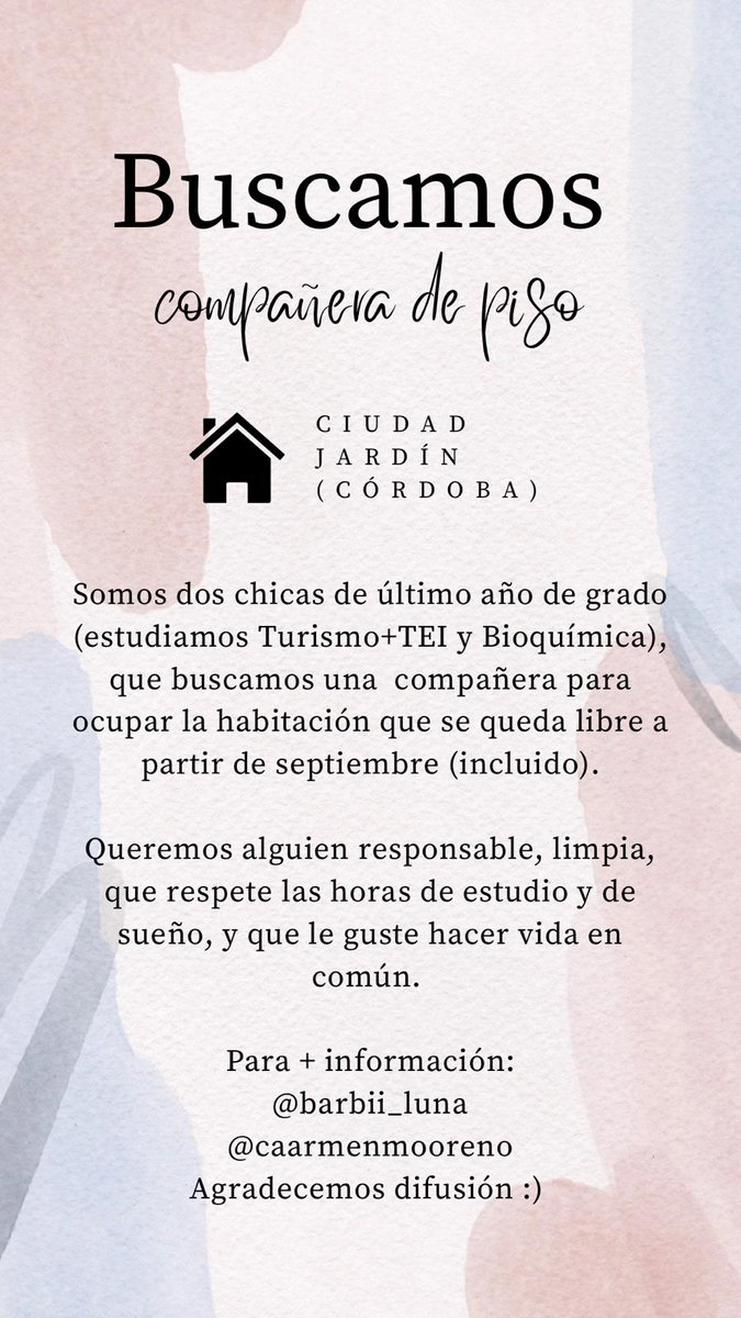AlbaArizav's tweet photo. Una amiga busca compañera de piso. Se agradece difusión 🥰 #ucopisos #pisoscordoba https://t.co/aZ92J9qSo4