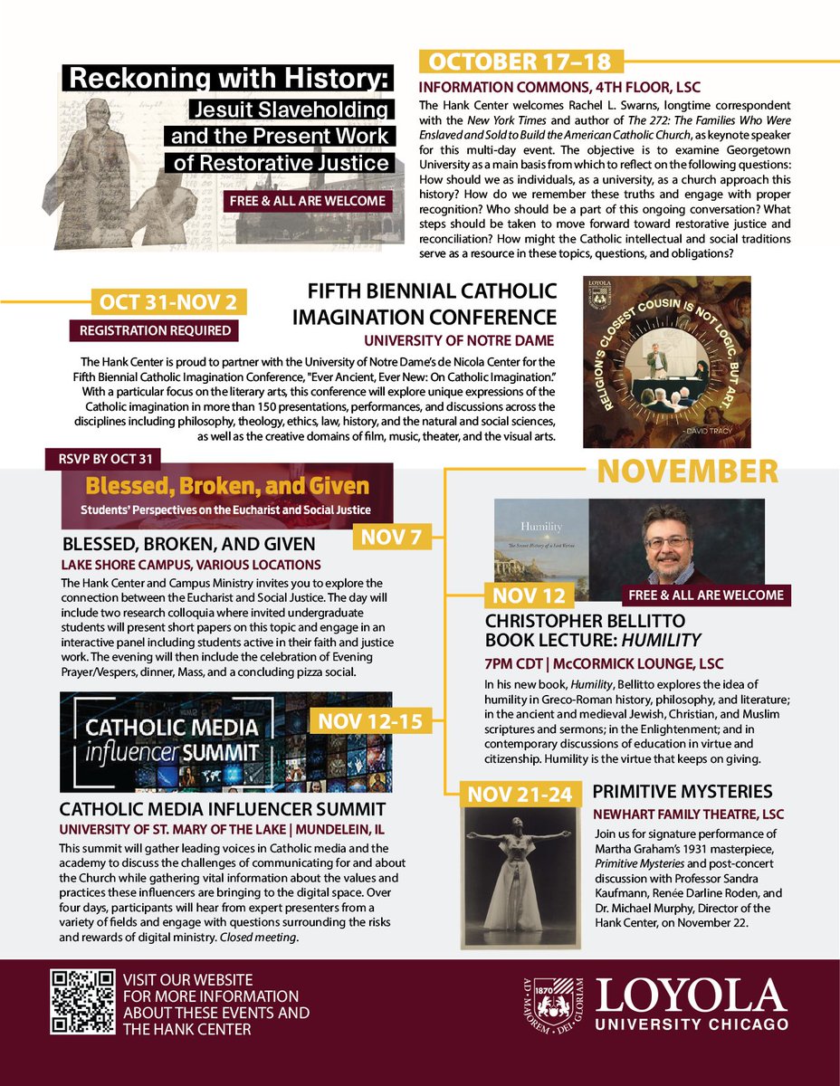 Hot off the presses! We are pleased to announce our event lineup for Fall 2024! Fall will feature events with Sam Sawyer, SJ from <a href="/americamag/">America Magazine</a>, <a href="/PhilipMetres/">Philip Metres فيليب أبورجيلي</a>, <a href="/rachelswarns/">Rachel Swarns</a>, <a href="/descendantsfdtn/">Descendants Truth & Reconciliation Foundation</a>, and more! Calendar and more info: luc.edu/ccih/
<a href="/LoyolaChicago/">Loyola University Chicago</a> <a href="/CAS_Loyola/">Loyola University, College of Arts and Sciences</a>