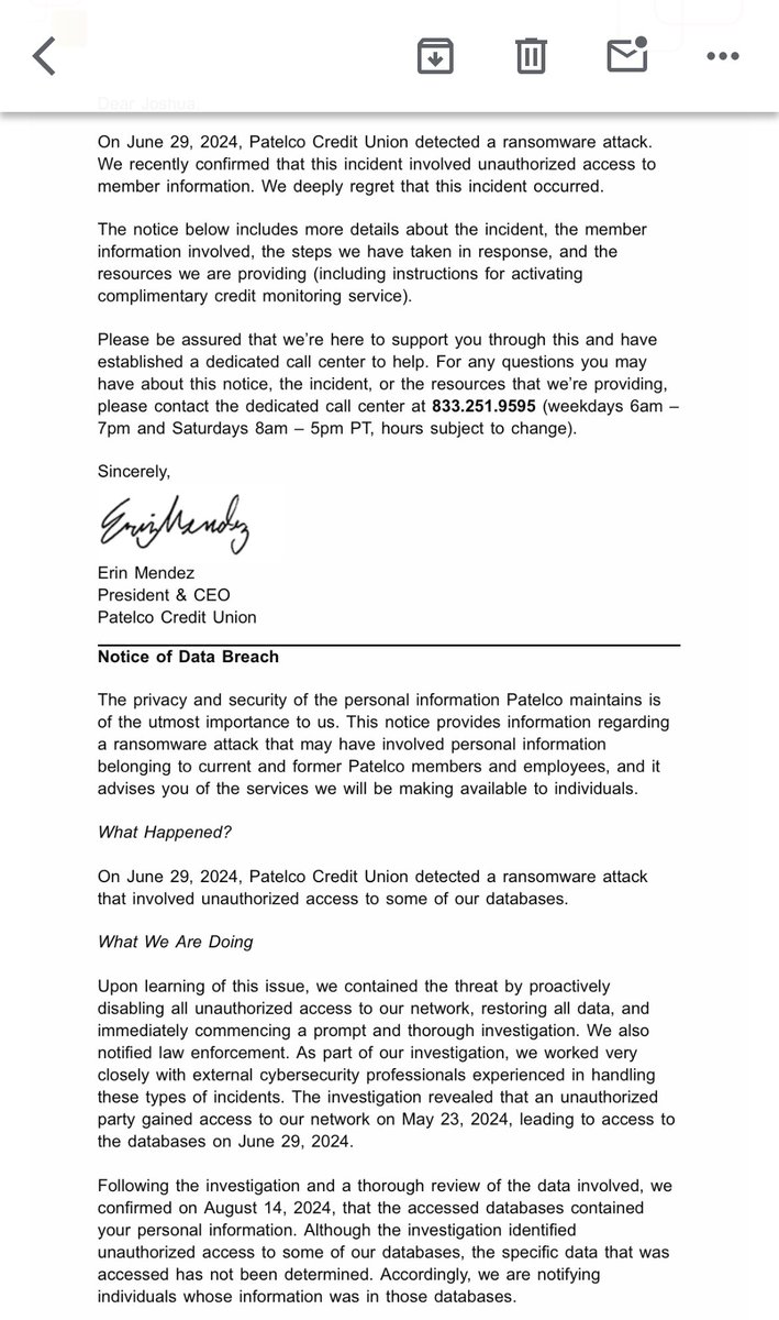 jhmilos's tweet image. So, to no great surprise, ⁦@PatelcoPays⁩ finally comes clean. Not only were the perpetrators in their systems for a month, they also exfiltrated all of our personal data. How the leadership at Patelco is still in power is beyond me. #patelcobreach