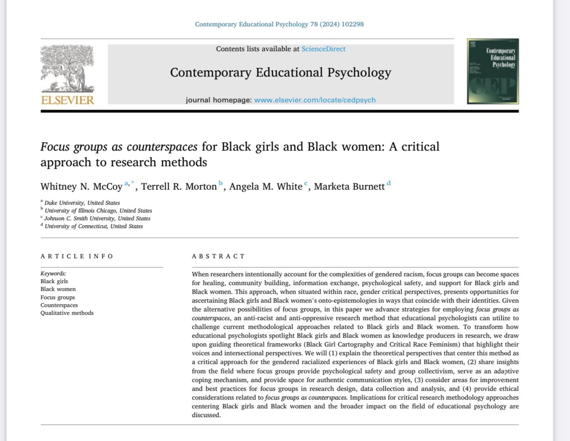 Marketa, Ph.D. (@drmburnett) on Twitter photo “By utilizing focus groups as counterspaces, we underscore our commitment to Black girls and Black women with particular emphasis on supporting their agency, resistance, and empowerment across time and space.”
Check out our latest pub led by the phenomenal <a href="/DrWhitneyMcCoy/">Whitney N. McCoy, PhD 💗</a>! “By utilizing focus groups as counterspaces, we underscore our commitment to Black girls and Black women with particular emphasis on supporting their agency, resistance, and empowerment across time and space.”
Check out our latest pub led by the phenomenal <a href="/DrWhitneyMcCoy/">Whitney N. McCoy, PhD 💗</a>!