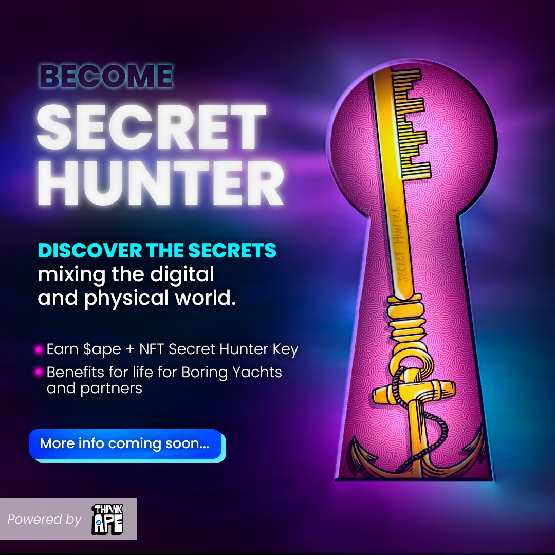 𝗘𝘃𝗲𝗿𝘆 𝗲𝘃𝗲𝗻𝘁 𝗵𝗼𝗹𝗱𝘀 𝗮 𝘀𝗲𝗰𝗿𝗲𝘁 𝘁𝗼 𝘂𝗻𝗰𝗼𝘃𝗲𝗿 🔎

Follow our story on 𝕏 and bridge the physical and digital worlds ✨

Unlock your "Secret Hunter" NFT and $Ape rewards powered by <a href="/ThankApe/">Thank APE: Built by ApeCoin</a>🗝️

<a href="/BoredApeYC/">Bored Ape Yacht Club 🍌</a> 🐒