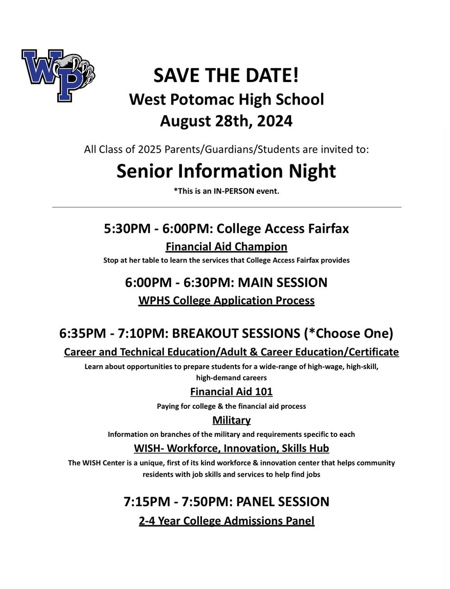 WPHS College & Career Center (@wphsccc) on Twitter photo All C/O 2025 Students/Parents/Guardians: It’s here!!!!
We look forward to seeing you in our Springbank Auditorium for Senior Info Night on 8/28. <a href="/theWPboard/">West Potomac HS (we/they/them)</a> <a href="/WPHSSS/">WPHSStudentServices</a> <a href="/RollwithWestPo/">WPStudentActivities</a> @WestPoAthletics All C/O 2025 Students/Parents/Guardians: It’s here!!!!
We look forward to seeing you in our Springbank Auditorium for Senior Info Night on 8/28. <a href="/theWPboard/">West Potomac HS (we/they/them)</a> <a href="/WPHSSS/">WPHSStudentServices</a> <a href="/RollwithWestPo/">WPStudentActivities</a> @WestPoAthletics