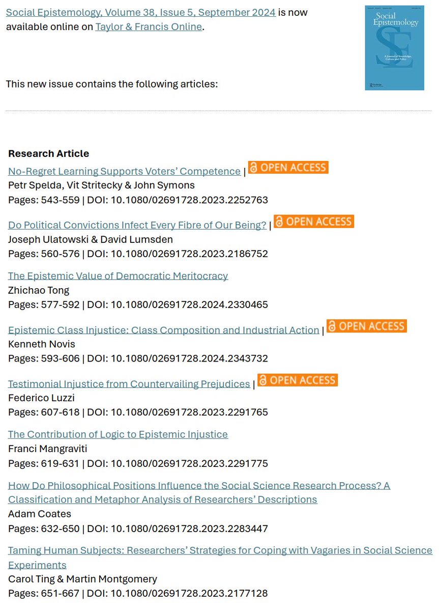 Our latest issue has new articles on political epistemology, epistemic justice, and knowledge production in the social sciences. Many are available open access! Read it here: tandfonline.com/toc/tsep20/38/5
