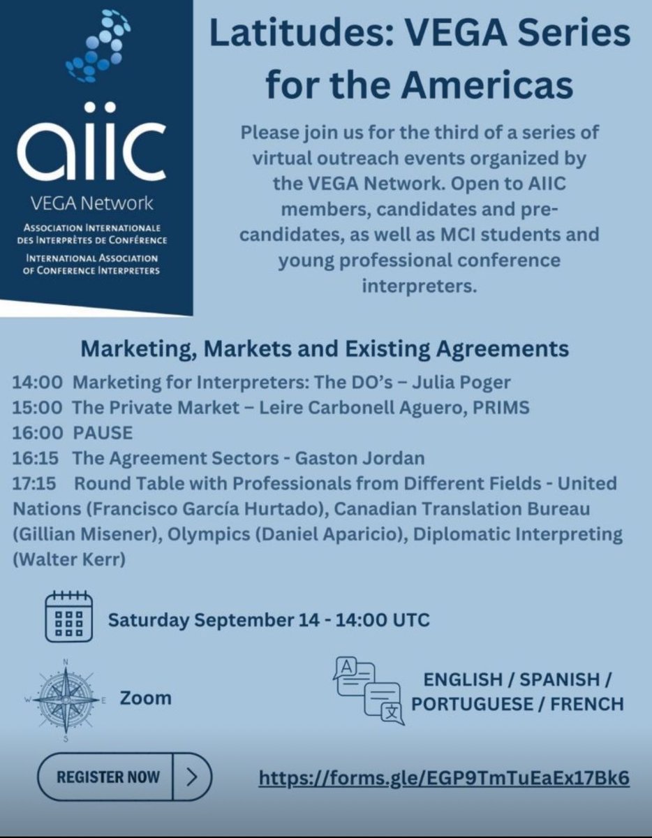 AIIC Vega event for members and candidates on Sept 14, dedicated to marketing and different interpreting markets. Reps from Private Market (PRIMS) and the Agreements Sector and colleagues from different professional areas will be there. lnkd.in/e_SyEynK