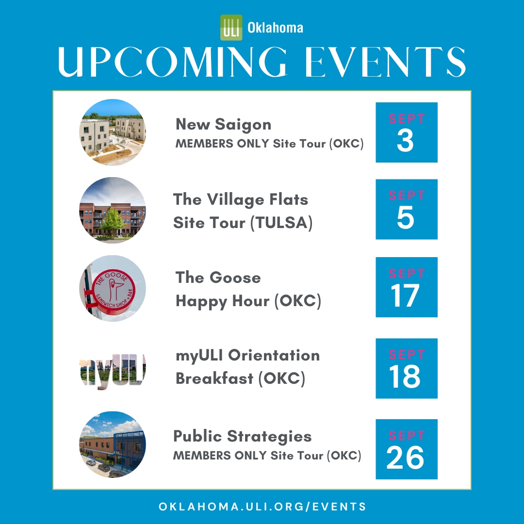 🚨 September #ULIok Events! 🚨

🗓️9/3: Tour @ New Saigon
🔨9/5: Tour @ Village Flats (TULSA)
🍻9/17: HH @ The Goose
🍳9/18: myULI Orientation BF
🏗️9/26: Member-Only Site Tour @ Public Strategies
🌳Ongoing: Volunteer Nights @ OK National Stockyards

RSVP: on.uli.org/TBb850T3ak7