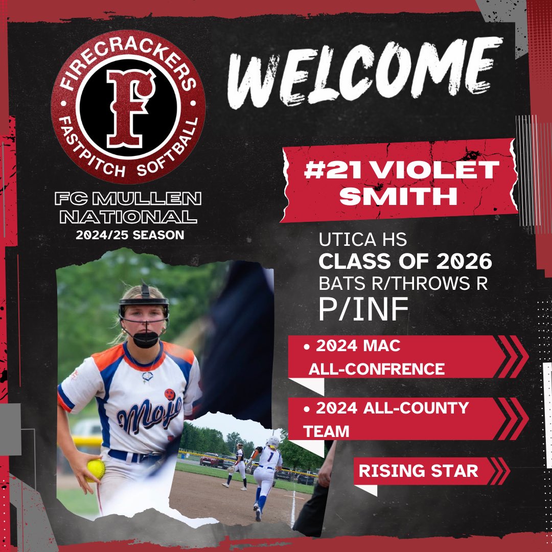 Firecrackers Mullen-NTL (@fc_mullen) on Twitter photo We are excited to welcome #21 <a href="/violet_smith01/">Violet Smith</a> Violet is a power pitcher with a large presence in the circle and bat to match, a versatile infielder, and someone schools will certainly have their eyes on this next year! Welcome Violet and Smith family! ❤️🖤 We are excited to welcome #21 <a href="/violet_smith01/">Violet Smith</a> Violet is a power pitcher with a large presence in the circle and bat to match, a versatile infielder, and someone schools will certainly have their eyes on this next year! Welcome Violet and Smith family! ❤️🖤
