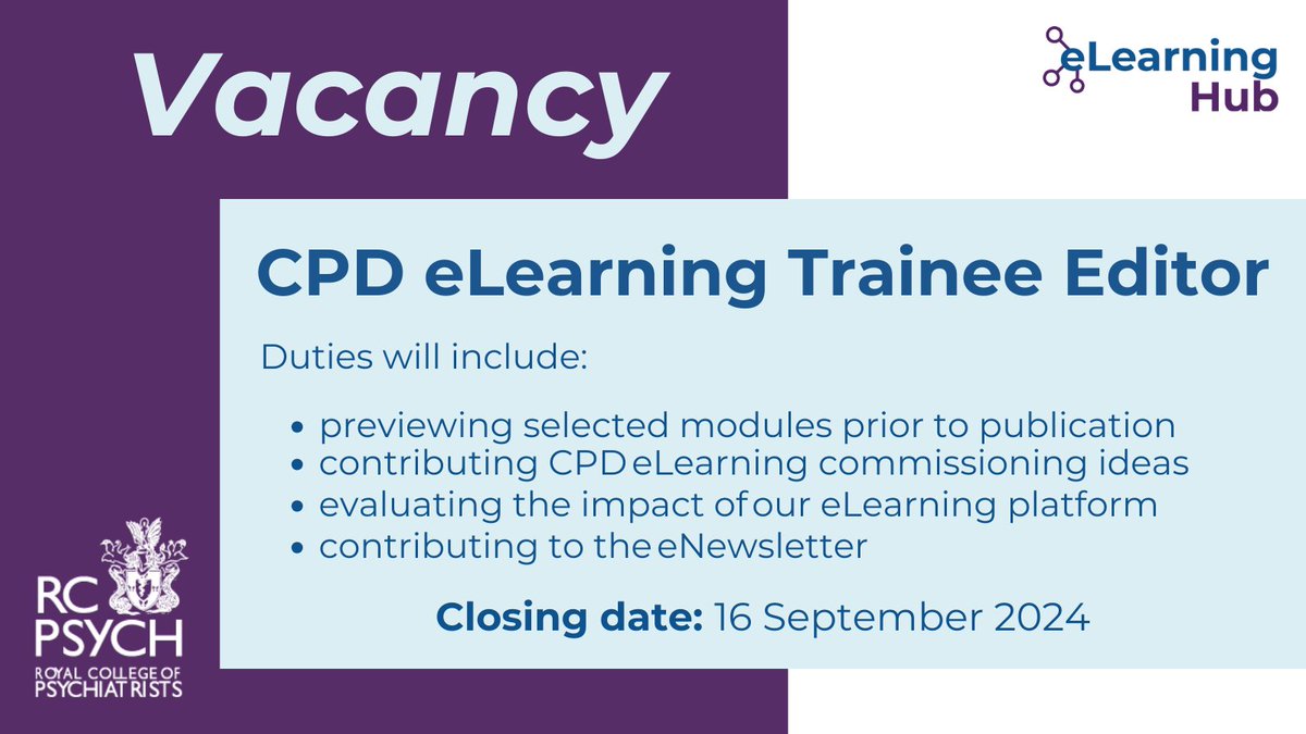RCPsych eLearning Hub (@rcpsych_elearn) on Twitter photo 🚨VACANCY🚨
The <a href="/rcpsych/">Royal College of Psychiatrists</a> is looking for a new CPD eLearning Trainee Editor.
For more information about the role and how to apply, please visit our website: bit.ly/46RlYMR
<a href="/subodhdave1/">Subodh Dave ☘️🌻🌞 Humanising Medicine</a> <a href="/HowardRyland/">Howard Ryland</a> <a href="/aaraoof/">Abdul Raoof</a> <a href="/BruceTamilson/">Bruce</a> 🚨VACANCY🚨
The <a href="/rcpsych/">Royal College of Psychiatrists</a> is looking for a new CPD eLearning Trainee Editor.
For more information about the role and how to apply, please visit our website: bit.ly/46RlYMR
<a href="/subodhdave1/">Subodh Dave ☘️🌻🌞 Humanising Medicine</a> <a href="/HowardRyland/">Howard Ryland</a> <a href="/aaraoof/">Abdul Raoof</a> <a href="/BruceTamilson/">Bruce</a>