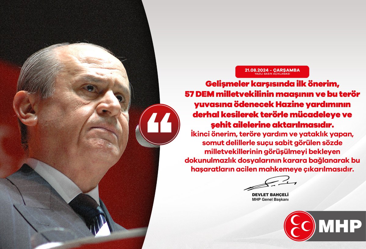 MHP (@mhp_bilgi) on Twitter photo Gelişmeler karşısında ilk önerim, 57 DEM milletvekilinin maaşının ve bu terör yuvasına ödenecek Hazine yardımının derhal kesilerek terörle mücadeleye ve şehit ailelerine aktarılmasıdır.
İkinci önerim, teröre yardım ve yataklık yapan, somut delillerle suçu sabit görülen sözde Gelişmeler karşısında ilk önerim, 57 DEM milletvekilinin maaşının ve bu terör yuvasına ödenecek Hazine yardımının derhal kesilerek terörle mücadeleye ve şehit ailelerine aktarılmasıdır.
İkinci önerim, teröre yardım ve yataklık yapan, somut delillerle suçu sabit görülen sözde