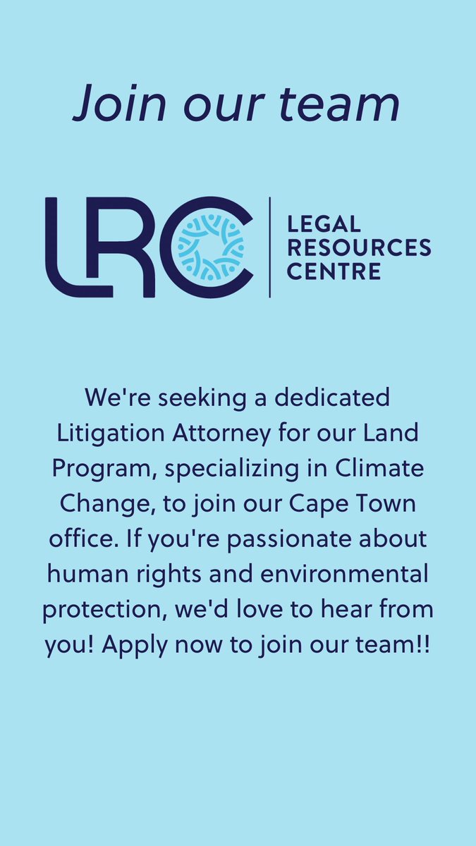 We're seeking a dedicated Litigation Attorney for our Land Program, specializing in Climate Change, to join our Cape Town office. If you're passionate about human rights and environmental protection, we'd love to hear from you! Apply now: sa.lrc.org.za/apply-litigati…