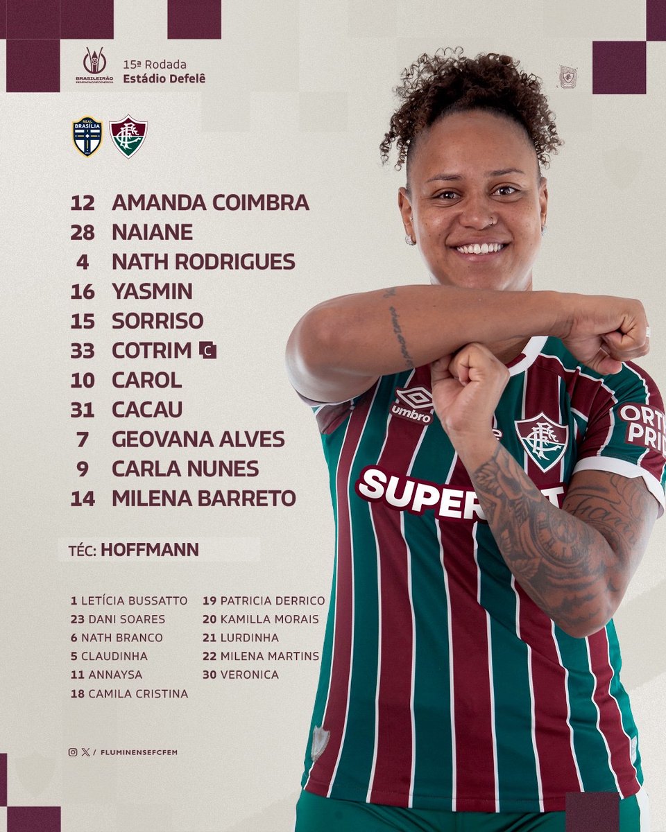 FluminenseFCFem's tweet photo. As #GuerreirasDoFluzão estão escaladas para a última rodada do @BRFeminino! VAMOS PELA CLASSIFICAÇÃO! 🇭🇺🇭🇺🇭🇺

Assista ao jogo >> https://t.co/IArvAbknUS https://t.co/OMQ5ze8wAB