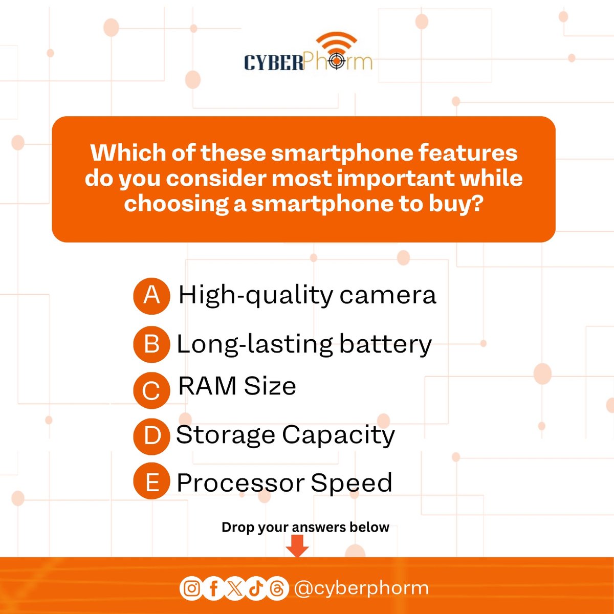 CyberPhorm's tweet image. Which smartphone feature is a deal-breaker for you? Let us know your top priority when buying a new smartphone! Drop your answer in the comments below ⬇️
#TechTalk #Smartphones #TechChoices #CyberPhorm #Poll #SmartphoneFeatures