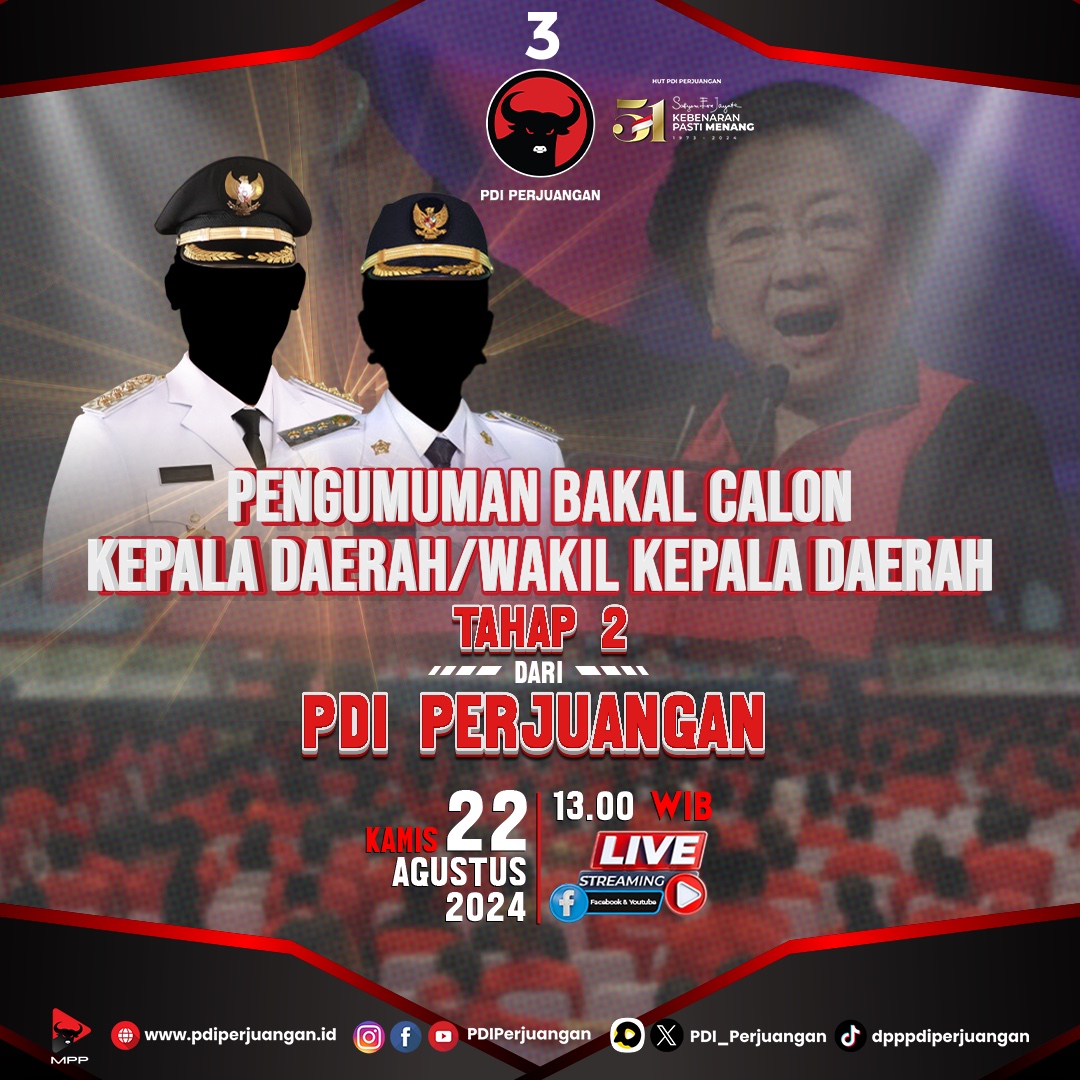 Dalam rangka mempersiapkan Pilkada Serentak Tahun 2024, PDI Perjuangan akan menggelar agenda "Pengumuman Bakal Calon Kepala Daerah  atau Wakil Kepala Daerah Kader PDI Perjuangan Tahap 2" yang akan diselenggarakan pada:

Hari / Tanggal : Kamis, 22 Agustus 2024
Pukul : 13.00 WIB