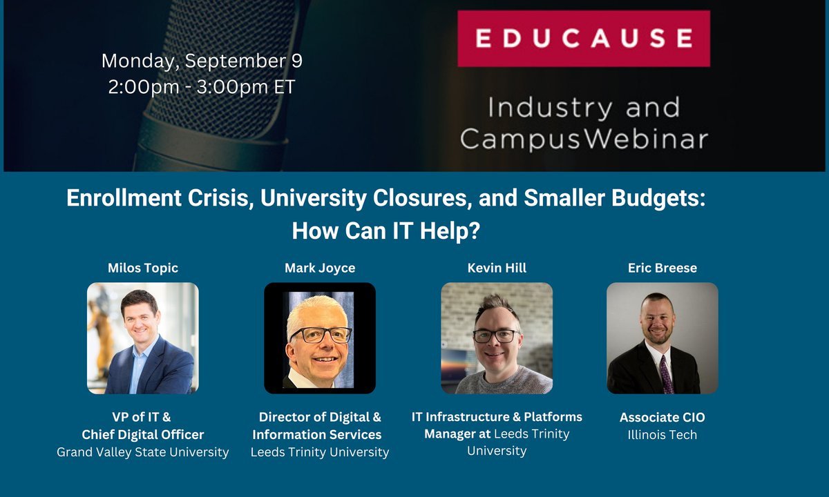 Apporto_com's tweet photo. Join the interactive @Educause panel discussion during these challenging times. Learn from Milos Topic, Mark Joyce, Kevin Hill and Eric Breese as they share their strategies on how to navigate these issues. Register at: https://t.co/IyGe77CYgZ  #Educause #Webinar #IT #HigherEd https://t.co/Ax4MCCmRw2