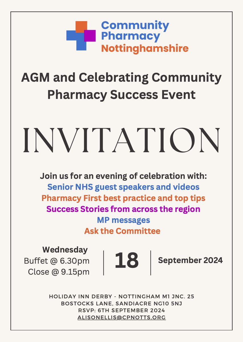Community Pharmacy Nottinghamshire (@cpnotts) on Twitter photo AGM & Celebrating Community Pharmacy Success event
Email: alisonellis@cpnotts.org to book your place.
See you there!
#communitypharmacy #pharmacy #SuccessStory AGM & Celebrating Community Pharmacy Success event
Email: alisonellis@cpnotts.org to book your place.
See you there!
#communitypharmacy #pharmacy #SuccessStory