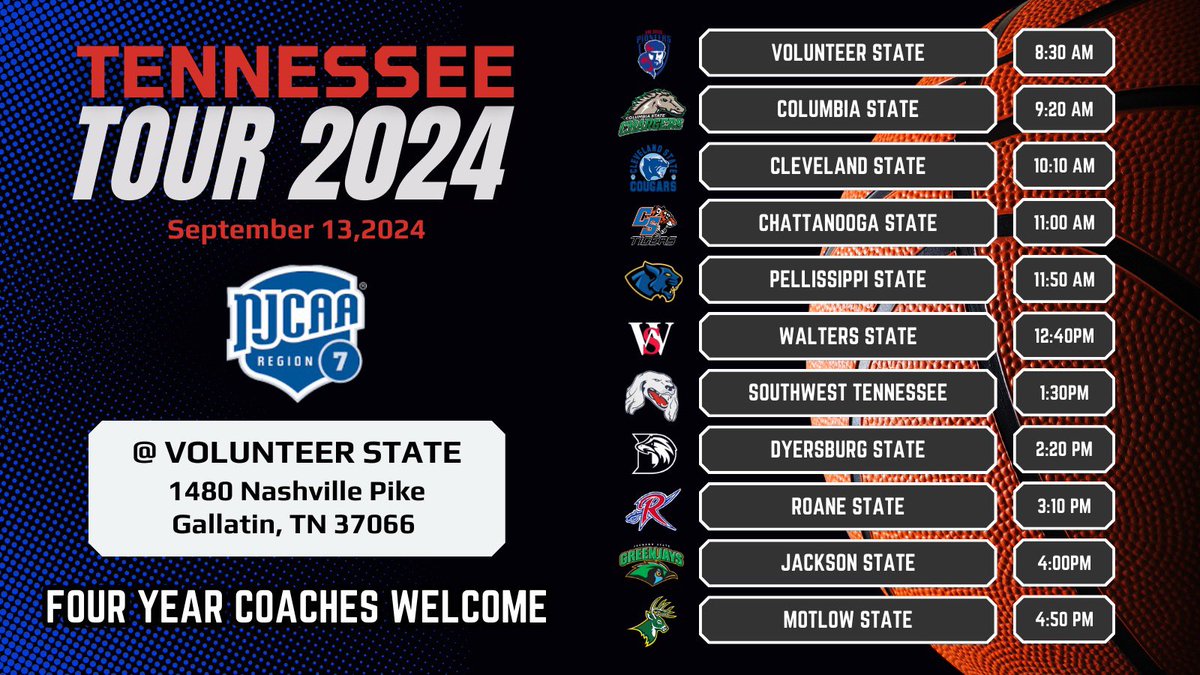CStateMBasketball (@cstatembasketb) on Twitter photo Charger Nation, your <a href="/ColumbiaState/">Columbia State</a> Men’s Basketball Team kicks off the 2024-25 season with the <a href="/TCCAAsports/">Tennessee Community College Athletic Association</a> JUCO Tour, Sept 13th at Volunteer State!!!
This JUCO Tour recruiting event is free for all 4 year college coaches!!!
GO CHARGERS!!! Charger Nation, your <a href="/ColumbiaState/">Columbia State</a> Men’s Basketball Team kicks off the 2024-25 season with the <a href="/TCCAAsports/">Tennessee Community College Athletic Association</a> JUCO Tour, Sept 13th at Volunteer State!!!
This JUCO Tour recruiting event is free for all 4 year college coaches!!!
GO CHARGERS!!!