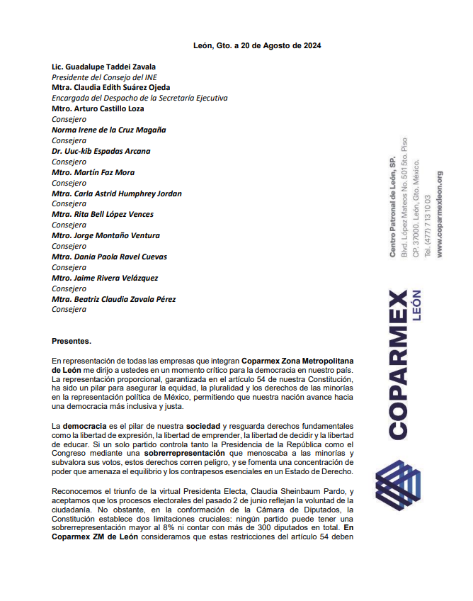 CoparmexZMLeon's tweet photo. 👉Coparmex ZM León hace un llamado al @INEMexico para respetar la voluntad de los ciudadanos en la conformación de la próxima Cámara de Diputados @GuadalupeTadei @NormaIreneD @Uuckib @MartinFazMora @C_Humphrey_J @RitaBellLpz  @Montana_Ventura @DaniaRavel @JaimeRiveraV @CZavalaP https://t.co/bFieg9DeOY