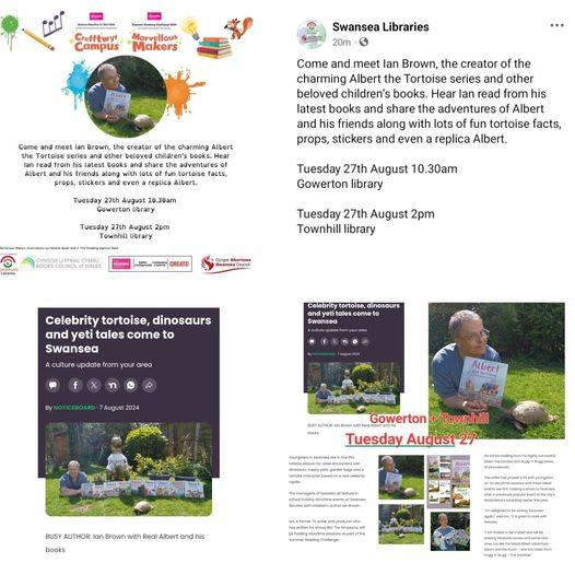 IanBrownTV's tweet photo. On TUESDAY August 27 our #ALBERTthetortoise & #HuggnBugg #picturebooks #storytime comes to #SWANSEA, #WALES. To #Gowerton #Library & #Townhill Library with #SwanseaLibraries @Discovermore #Storytelling, #tortoises, #yetis #dinosaurs, book stall & giveaways https://t.co/0Vux1Dq6oD https://t.co/jgrBDAZltC