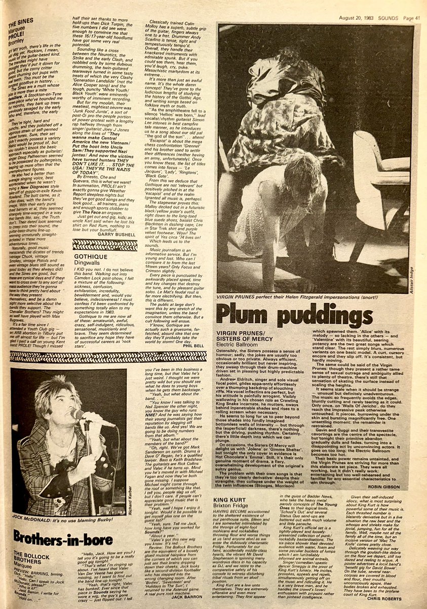 ZoundsAbound's tweet image. Garry Johnson is at the Marquee for #Ligotage &amp;amp; at the Venue for #TheArmouryShow.

Mick Sinclair is at Ronnie Scott’s for @carmel_music &amp;amp; Robin Gibson is at the Electric Ballroom for @virginprunes &amp;amp; #SistersOfMercy 

@boldrex 

Sounds Aug 20th 1983