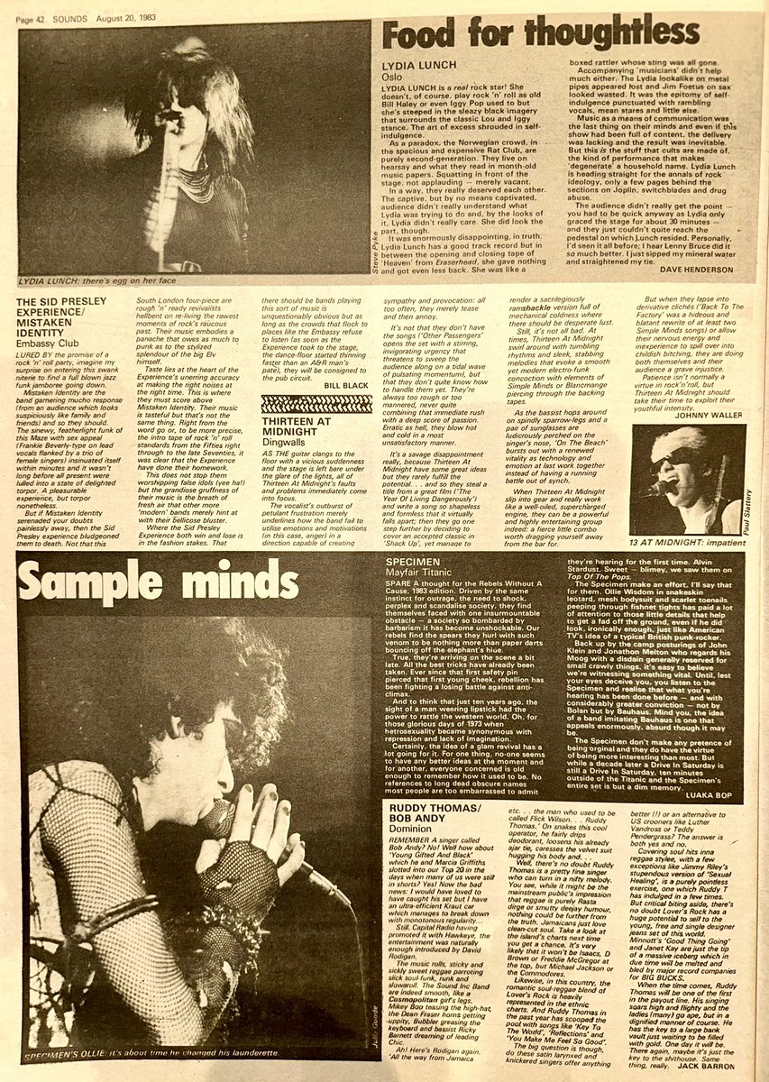 ZoundsAbound's tweet image. Garry Johnson is at the Marquee for #Ligotage &amp;amp; at the Venue for #TheArmouryShow.

Mick Sinclair is at Ronnie Scott’s for @carmel_music &amp;amp; Robin Gibson is at the Electric Ballroom for @virginprunes &amp;amp; #SistersOfMercy 

@boldrex 

Sounds Aug 20th 1983