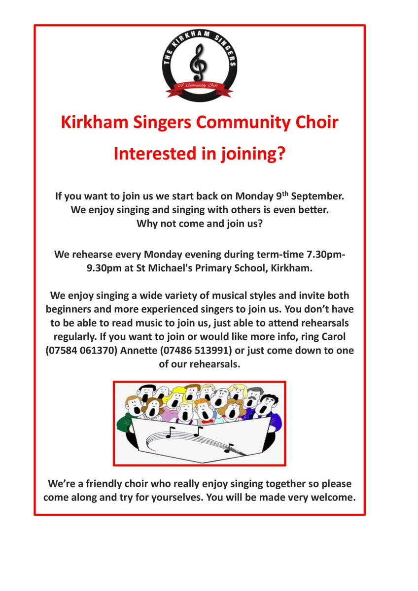 Interested in joining a choir? Come and have a go with The Kirkham Singers! No experience necessary - you don't even need to be able to read music. Join us on Monday 9th September to find out how much fun singing can be 😊🎶