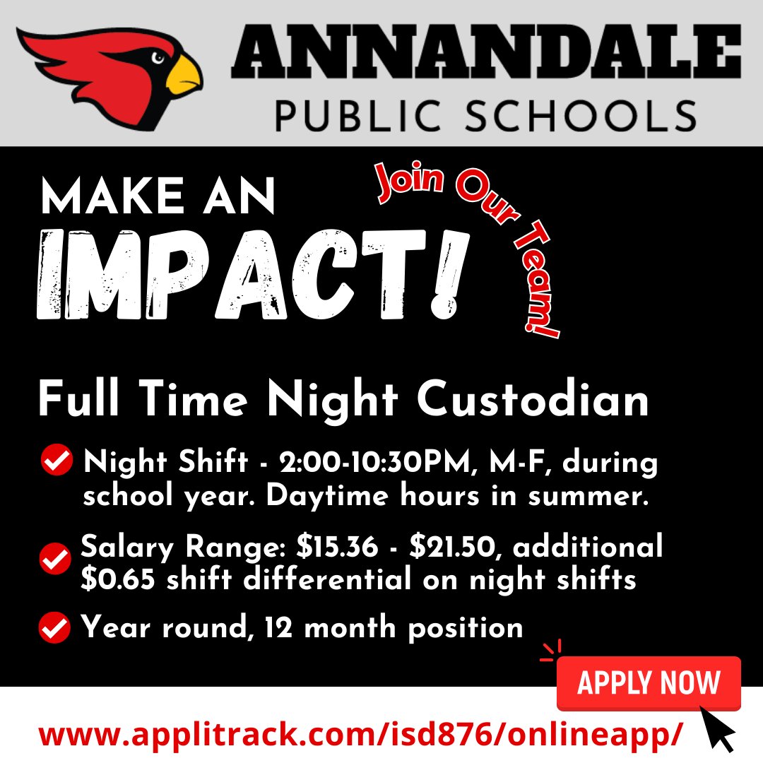 We are looking for a Full-Time Night Custodian to join our team! Shifts: 2-10:30PM, M-F during the school year and daytime hours in the summer. Salary: $15.36 - $21.50, plus $0.65 shift differential on night. Apply: applitrack.com/isd876/onlinea…
#isd876 #applytoday #joinourteam