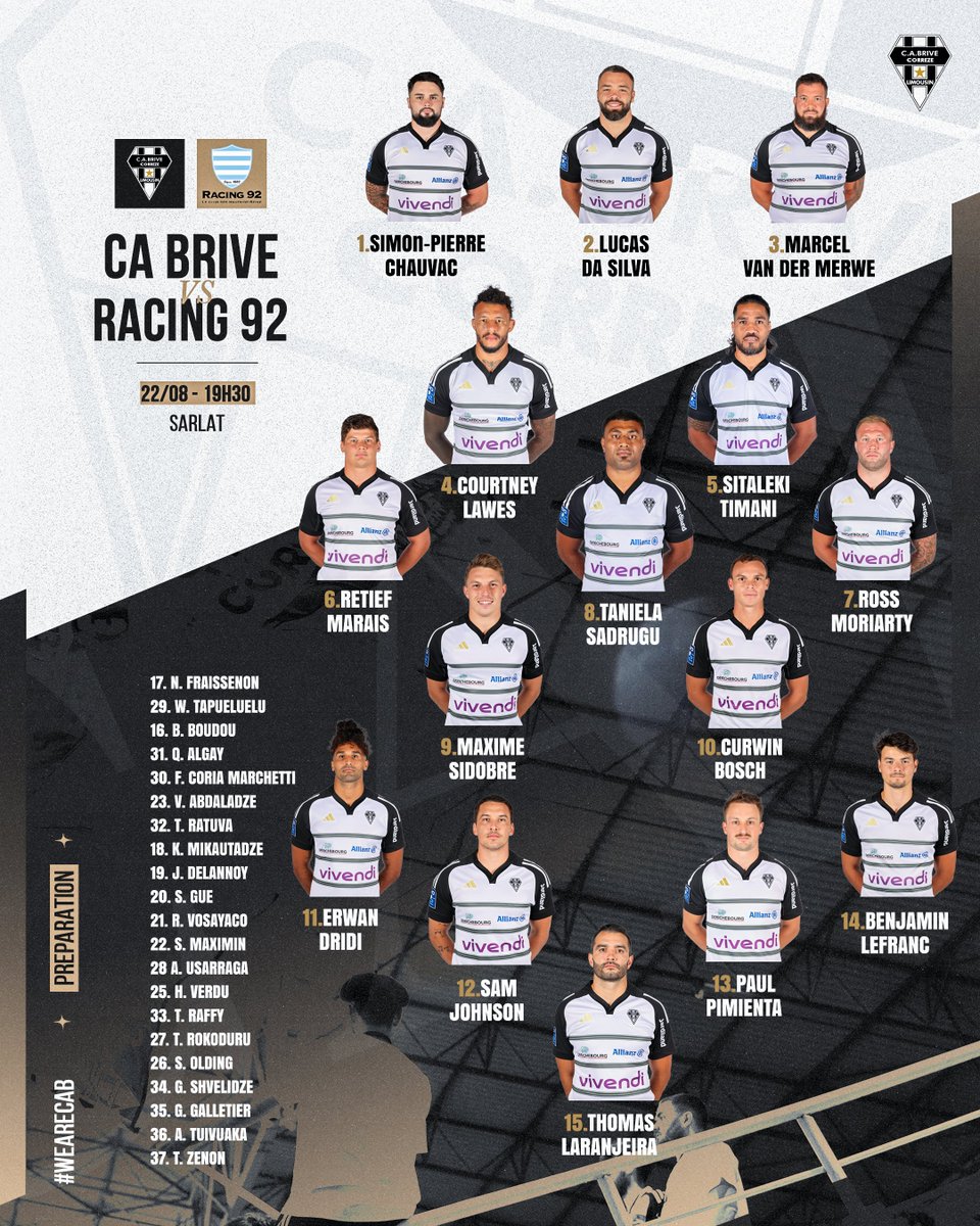 𝐌𝐚𝐭𝐜𝐡 𝐝𝐞 𝐩𝐫𝐞́𝐩𝐚𝐫𝐚𝐭𝐢𝐨𝐧 | CA Brive 🆚 <a href="/racing92/">Racing 92</a>

Les Noir &amp; Blanc se présenteront avec 6⃣ nouvelles recrues dans le XV de départ pour affronter les Franciliens à Sarlat 👊⚫️⚪️