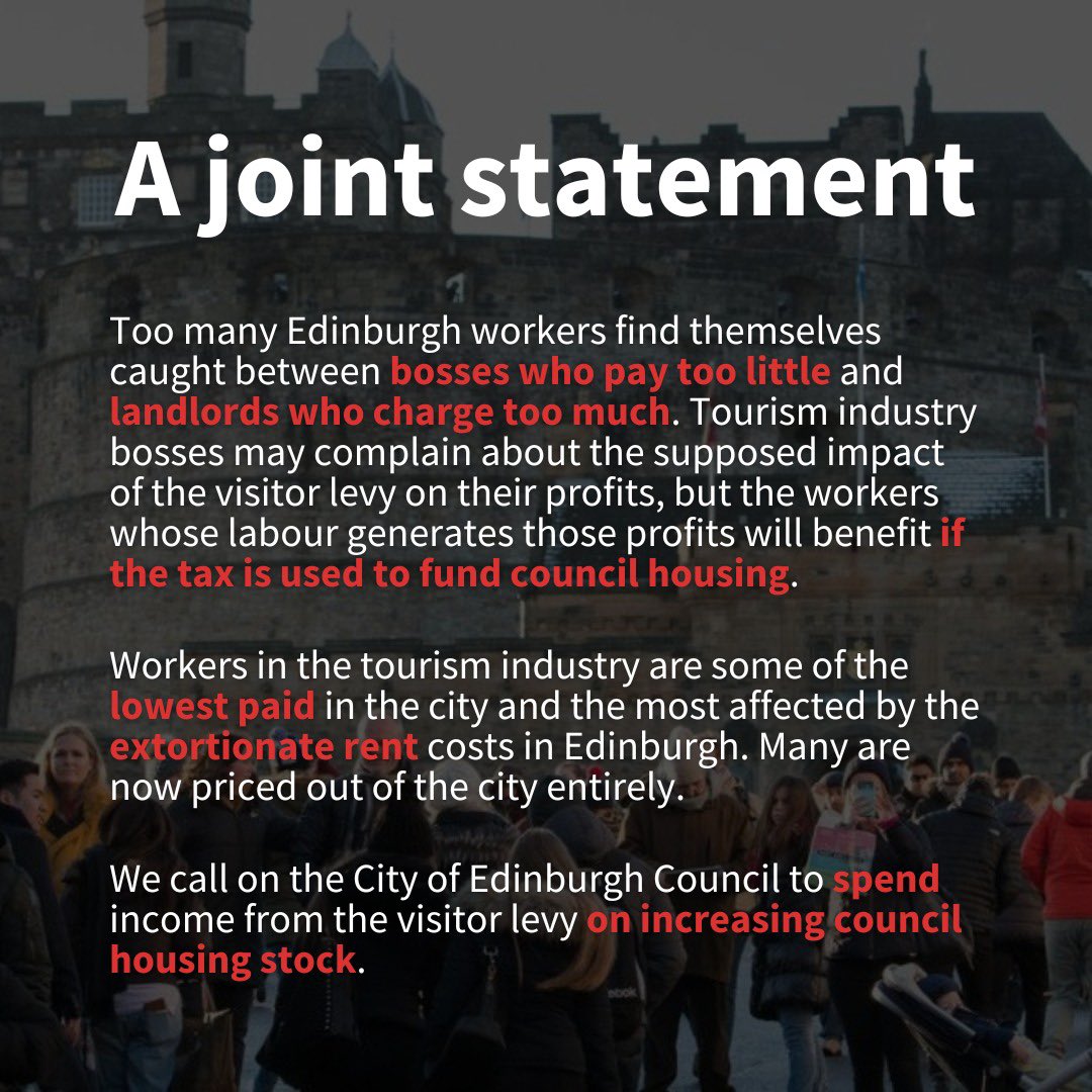 The hospitality workers of Edinburgh bring almost £1bn into the Capital every July/August &amp; yet the vast majority of them can’t even afford to stay in the city. 

This is why we’re teaming up with @livingrentedinburgh to push the Council to invest the Tourist Tax ££s into housing
