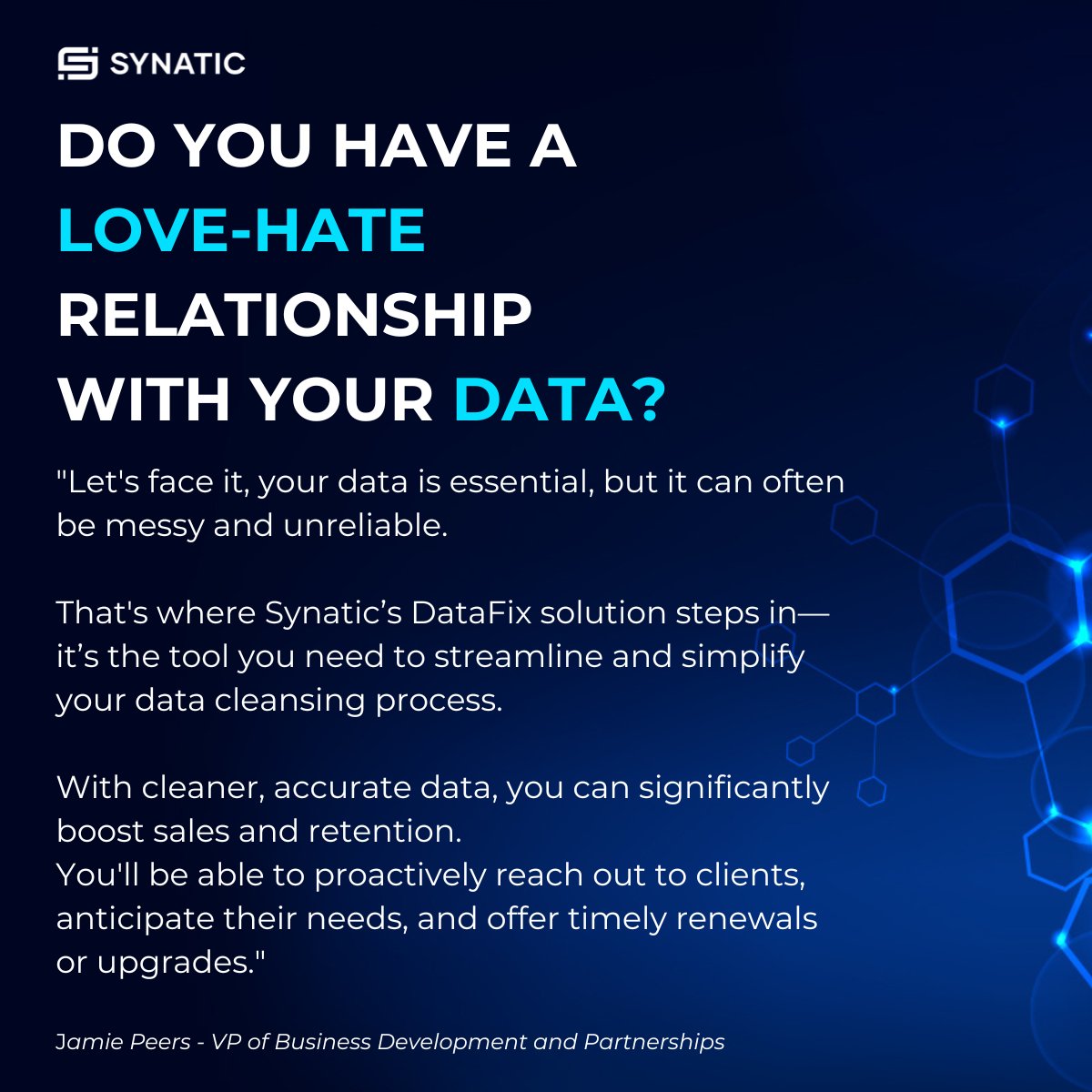 Is your data a source of frustration? Synatic's DataFix simplifies the data cleansing process, helping you unlock reliable and actionable data. 

Discover how accurate data can drive your success with DataFix -> hubs.ly/Q02M3HWK0

#Insurance #Insurtech #Data #DataFix