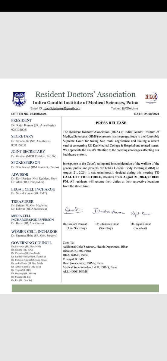 RDAigims's tweet photo. RDA Igims has decided  to call off strike. @FAIMA_INDIA_ @FordaIndia @AIIMSRDA @DrRohanKrishna3 @ANI @NitishKumar @mangalpandeybjp @Indian__doctor @PTI_News https://t.co/eFmCbcIFXR