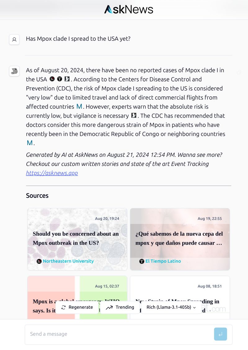 AskNewsApp's tweet photo. When to-the-minute information is paramount, we have you covered ๐ช Feed your LLM the latest news context with the AskNews API ๐
โก๏ธ https://t.co/zgmcBQLuee
#asknews #LLMs #NewsUpdates #Newsfeed #news #Mpox #MpoxUpdate #MpoxVirus #mpoxoutbreak #MpoxAwareness https://t.co/AQsagKX1Rt