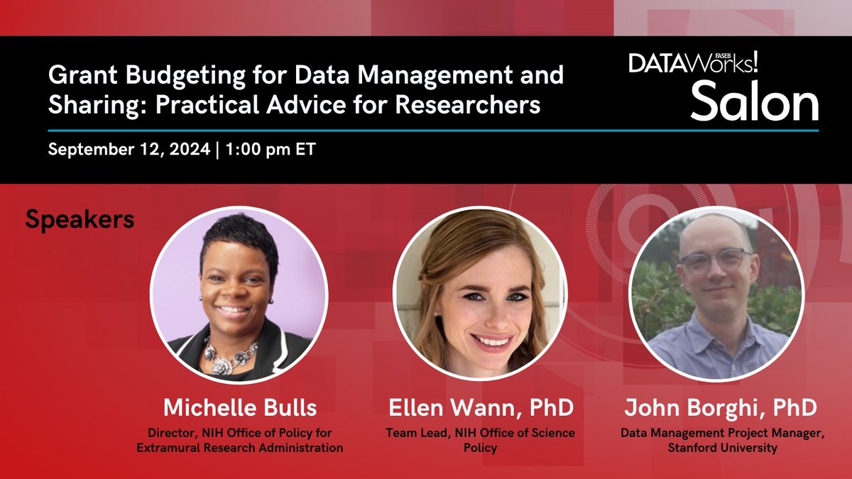 FASEBorg's tweet image. 🔍 What should you include in your @NIH DMS budget? How has the 2023 NIH #DataManagement and Sharing policy changed grant budgeting? Join us on September 12 at 1 pm ET for answers and more at the #FASEBDataWorks! Salon. Register here: hubs.ly/Q02M3Kkc0 #OpenData #NIHdata