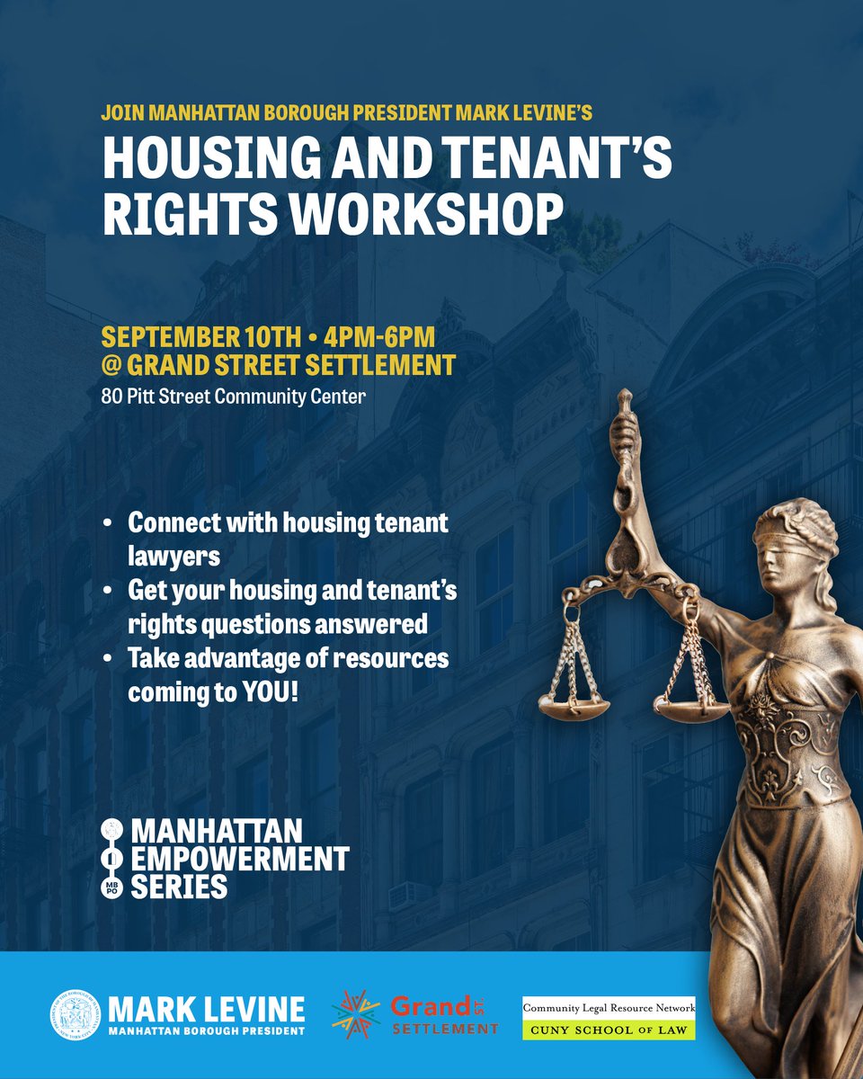 We’re bringing the experts to YOU at the Manhattan BP’s Housing and Tenants’ Rights Workshop! 

Join us @grandstsettlement and the <a href="/CUNYLaw/">CUNY School of Law</a> Legal Resource Center on Sept. 10 where we’re connecting you to housing tenant lawyers in Manhattan.

RSVP today using the link in our bio!