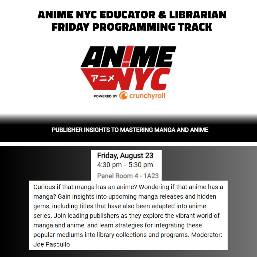 Jillian Rudes (@jrlibrarian) on Twitter photo ✨Join <a href="/SquareEnixBooks/">Square Enix Manga & Books</a>, <a href="/yenpress/">Yen Press</a>, <a href="/VIZMedia/">VIZ Media</a>, and <a href="/KodanshaManga/">Kodansha USA</a> for the Educator & Librarian Programming Track at #AnimeNYC! "Publisher Insights to Mastering Manga and Anime" from 4:30-5:30pm in Room 4 - 1A23! ✨ animenyc.com/programming/#/… ✨Join <a href="/SquareEnixBooks/">Square Enix Manga & Books</a>, <a href="/yenpress/">Yen Press</a>, <a href="/VIZMedia/">VIZ Media</a>, and <a href="/KodanshaManga/">Kodansha USA</a> for the Educator & Librarian Programming Track at #AnimeNYC! "Publisher Insights to Mastering Manga and Anime" from 4:30-5:30pm in Room 4 - 1A23! ✨ animenyc.com/programming/#/…